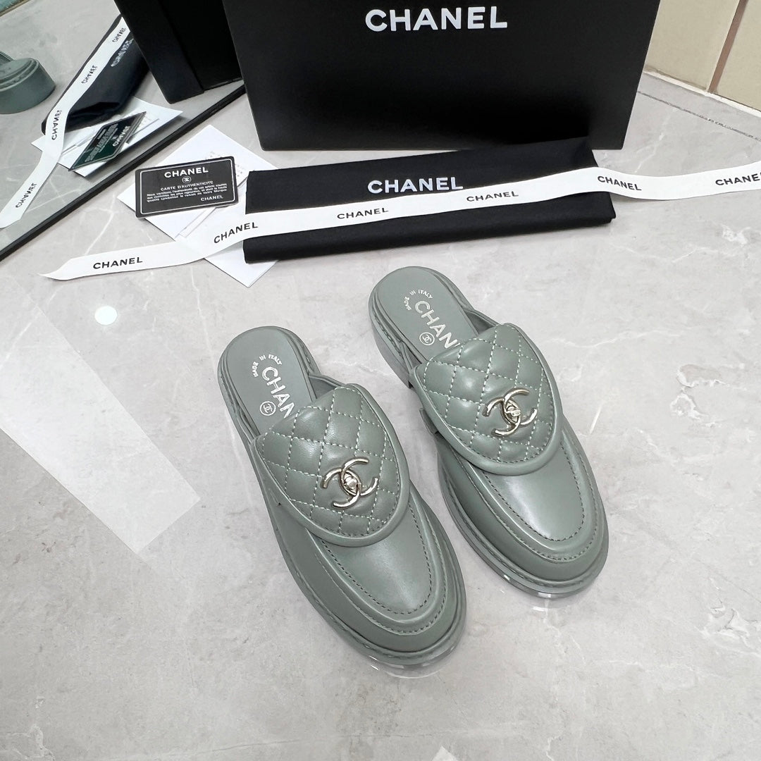 CC Mule Grey Quilted Calfskin