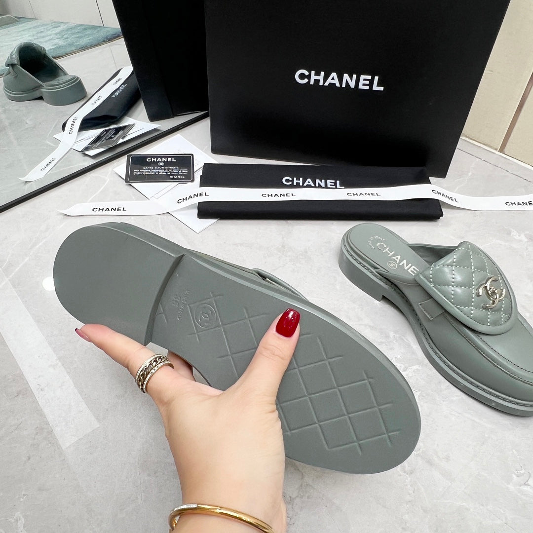 CC Mule Grey Quilted Calfskin