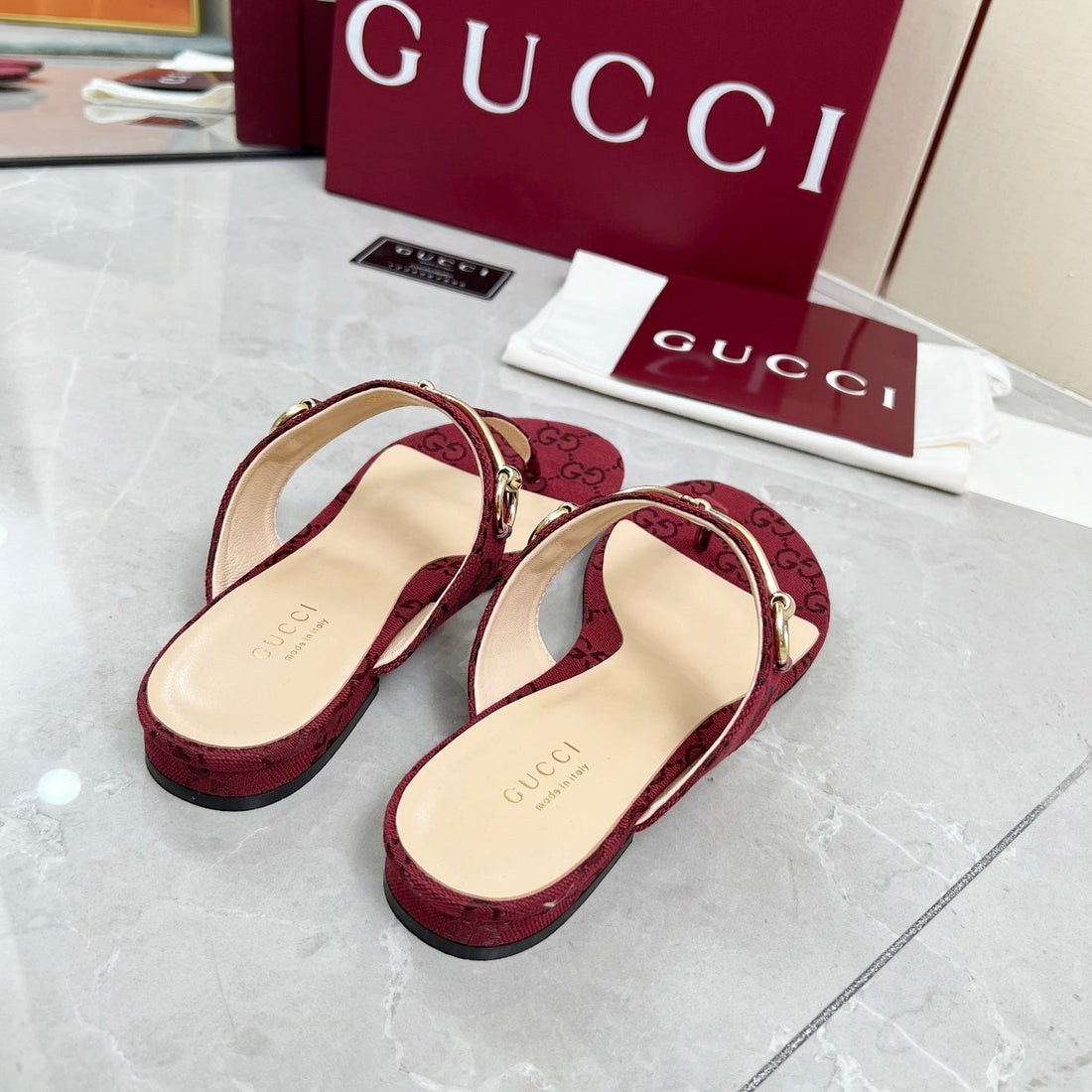 GC 25 Horsebit Thong Sandals Red Canvas Leather 293853