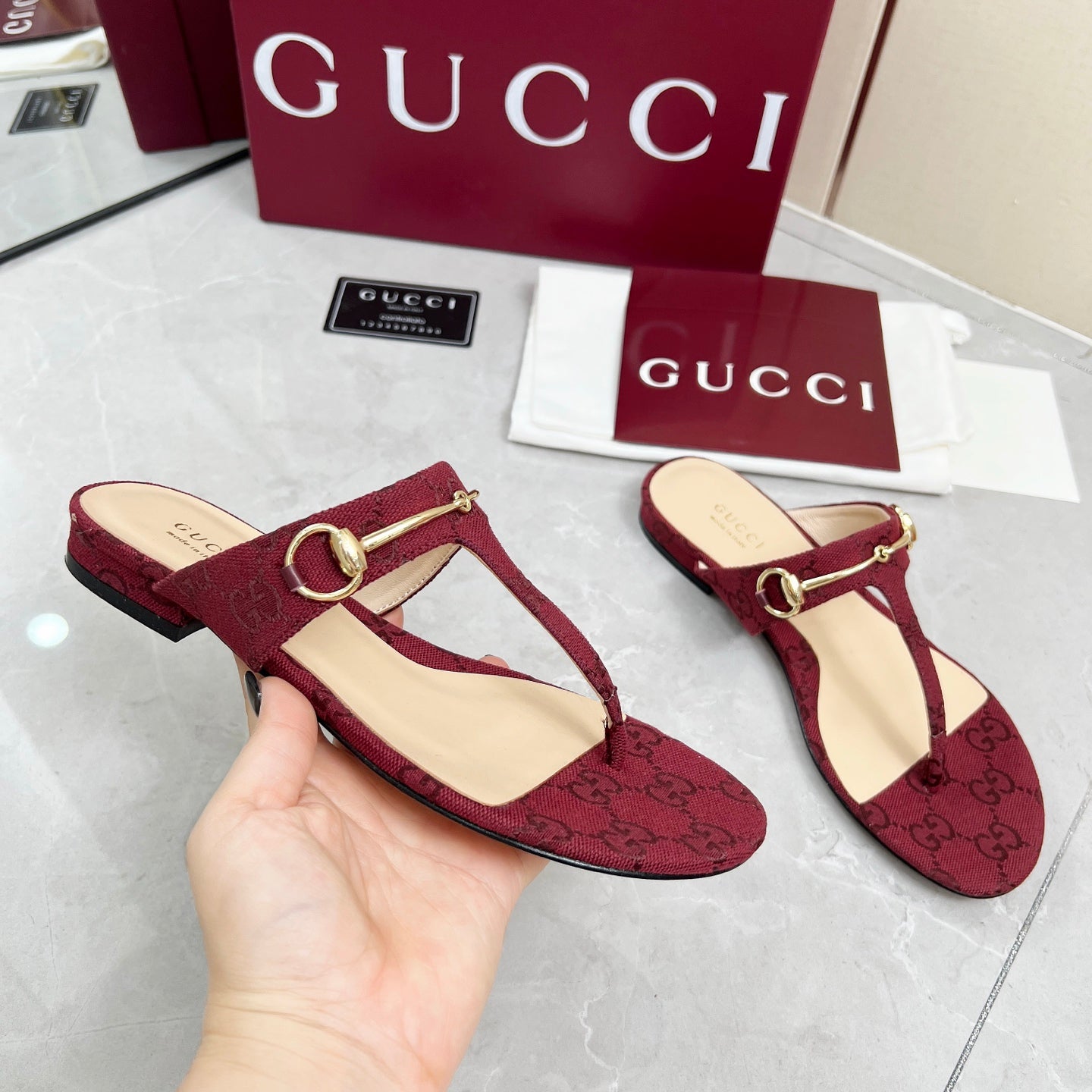 GC 25 Horsebit Thong Sandals Red Canvas Leather 293853