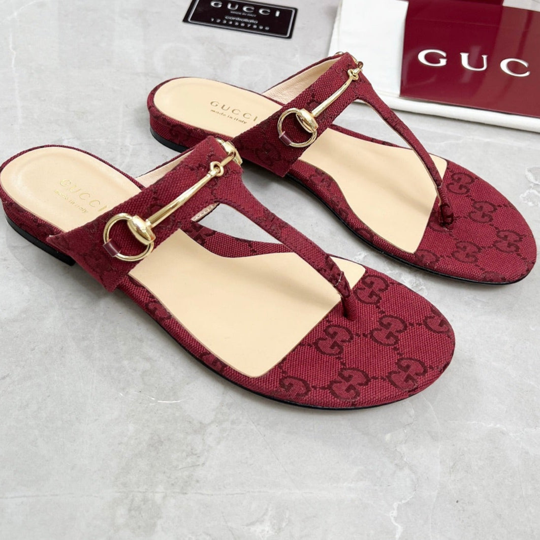 GC 25 Horsebit Thong Sandals Red Canvas Leather 293853
