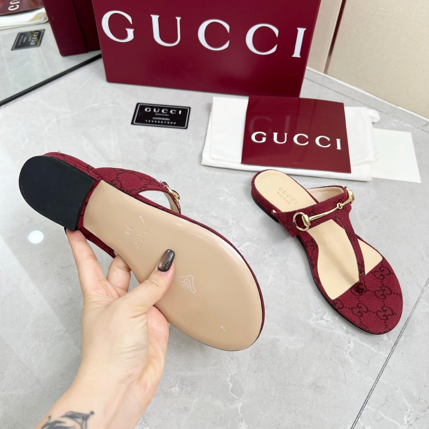 GC 25 Horsebit Thong Sandals Red Canvas Leather 293853