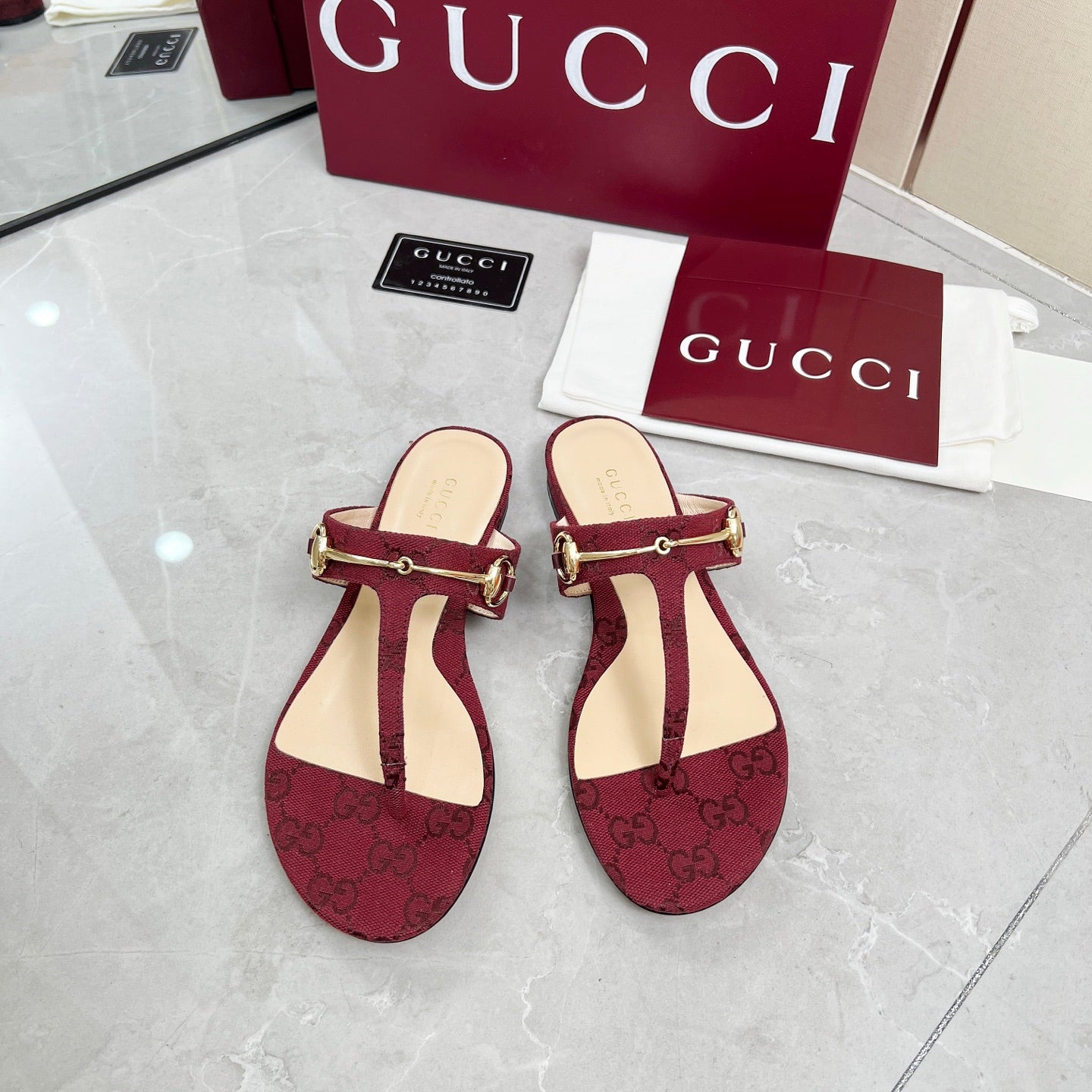 GC 25 Horsebit Thong Sandals Red Canvas Leather 293853