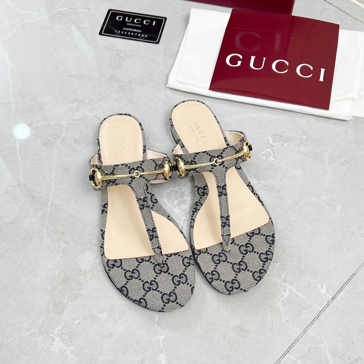 GC 25 Horsebit Thong Sandals Gray Canvas Leather 293854