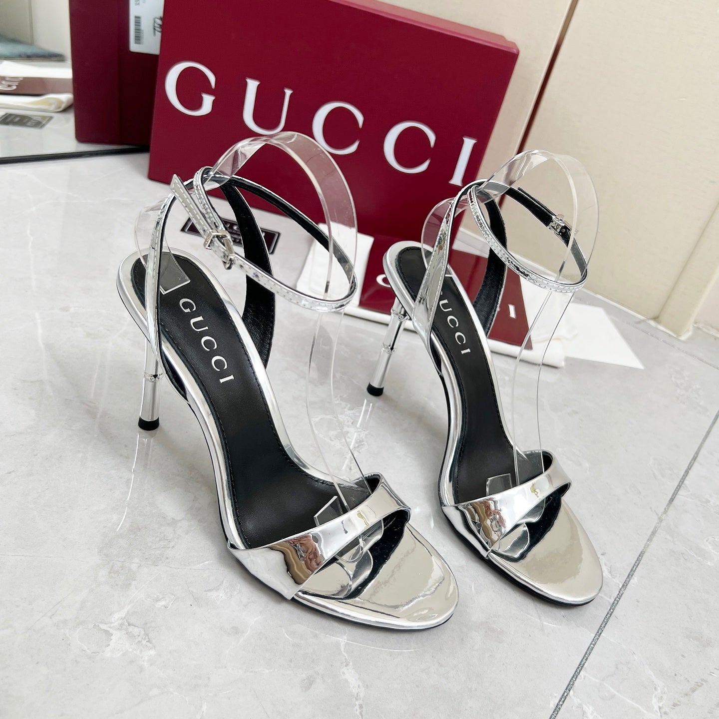 GC 25 Heeled 95mm Sandals Silver Patent Leather 293862