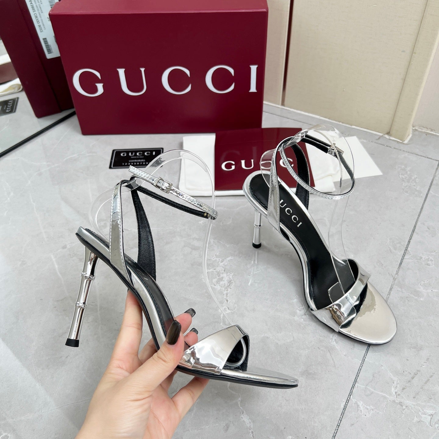 GC 25 Heeled 95mm Sandals Silver Patent Leather 293862