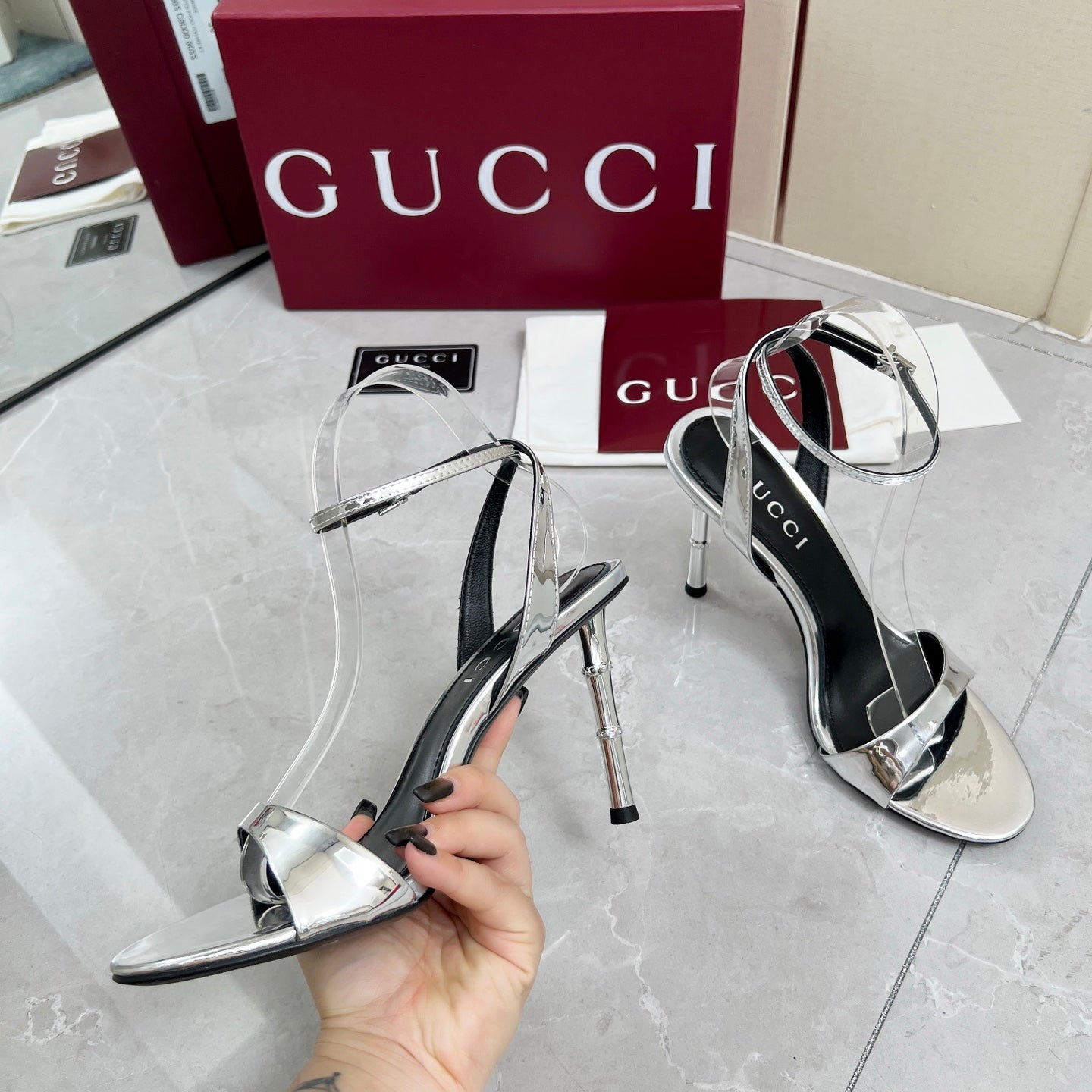 GC 25 Heeled 95mm Sandals Silver Patent Leather 293862