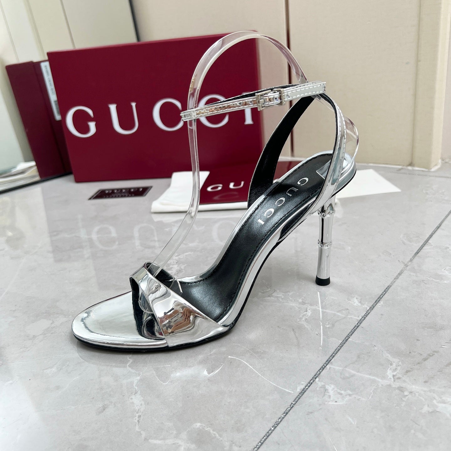 GC 25 Heeled 95mm Sandals Silver Patent Leather 293862