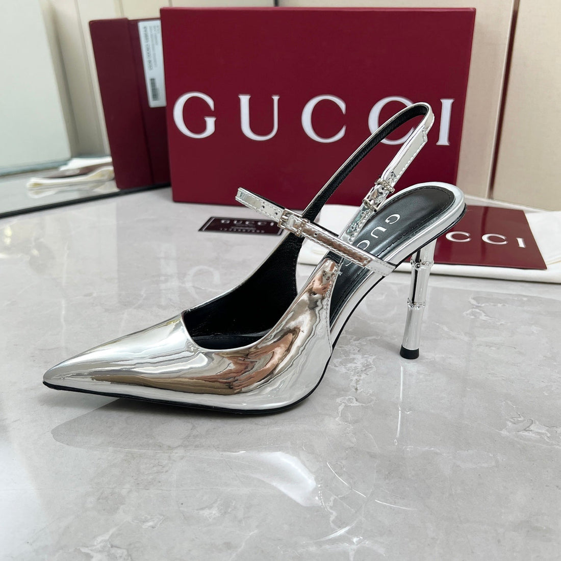GC 25 Heeled 95mm Slingback Pump Silver Patent Leather 293864