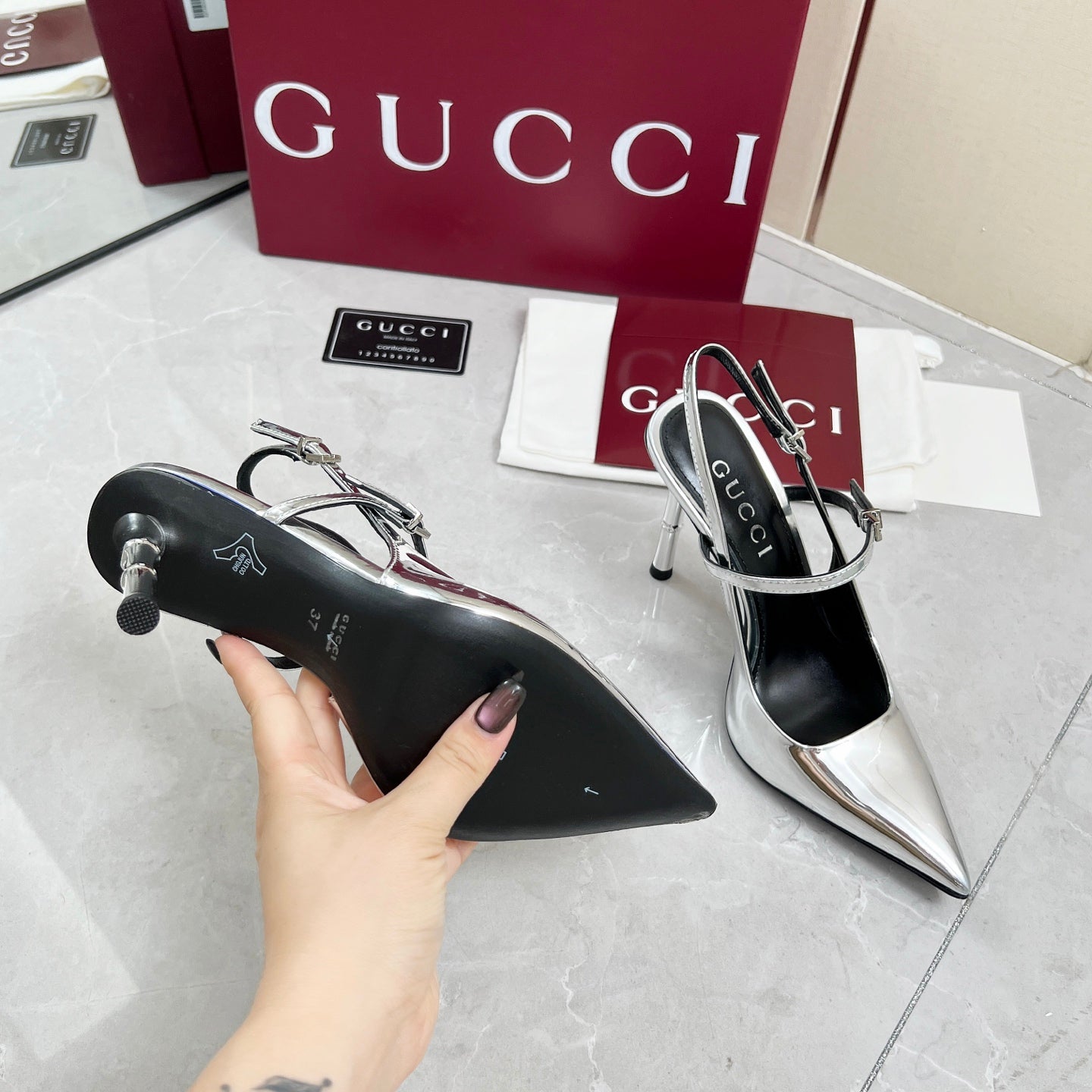 GC 25 Heeled 95mm Slingback Pump Silver Patent Leather 293864
