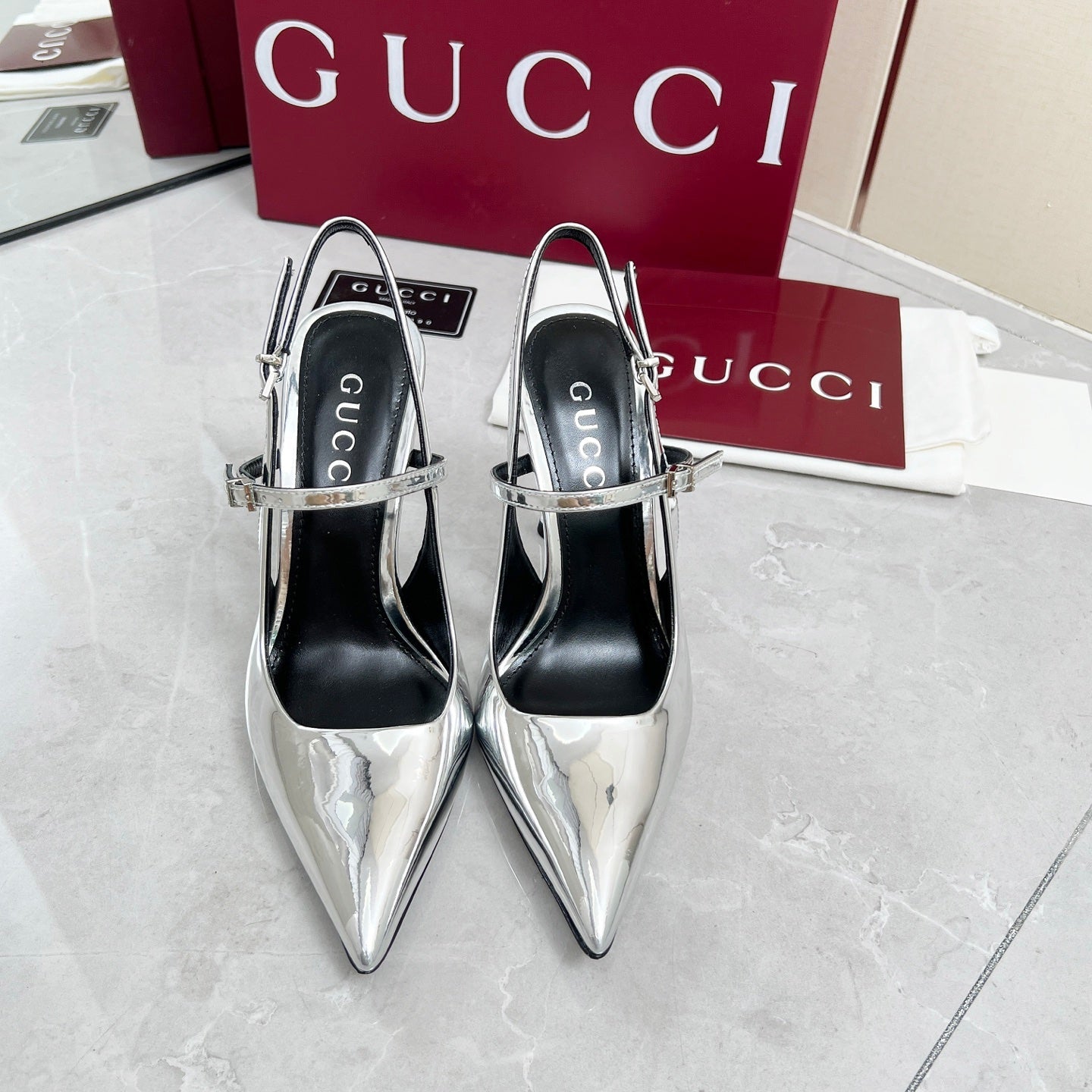 GC 25 Heeled 95mm Slingback Pump Silver Patent Leather 293864