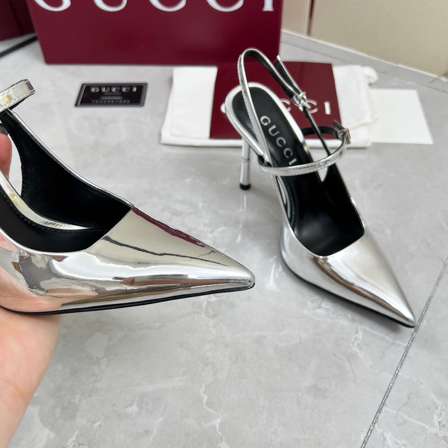 GC 25 Heeled 95mm Slingback Pump Silver Patent Leather 293864
