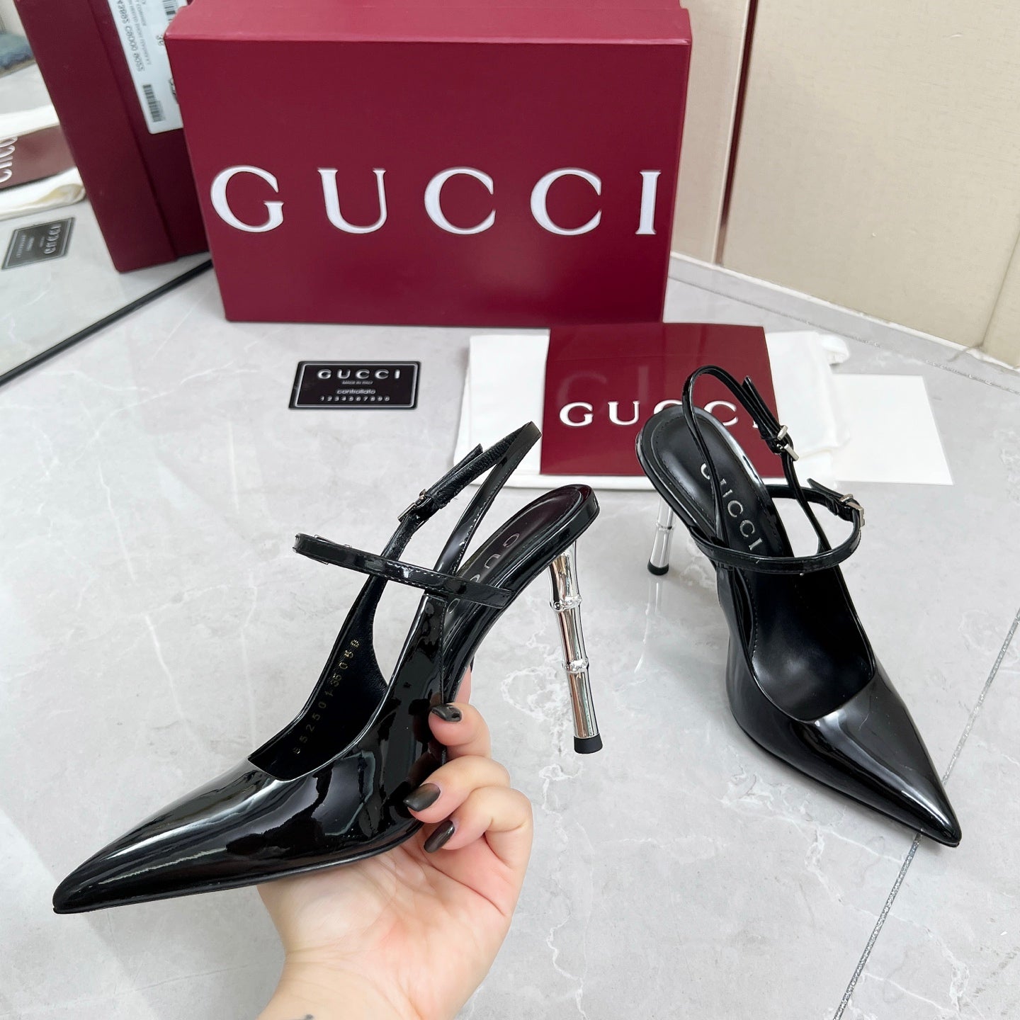 GC 25 Heeled 95mm Slingback Pump Black  Patent Leather 293865