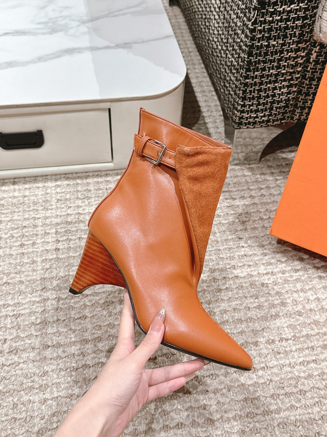 HM Ankle Boots 60mm Brown Orange Calfskin And Suede 972381