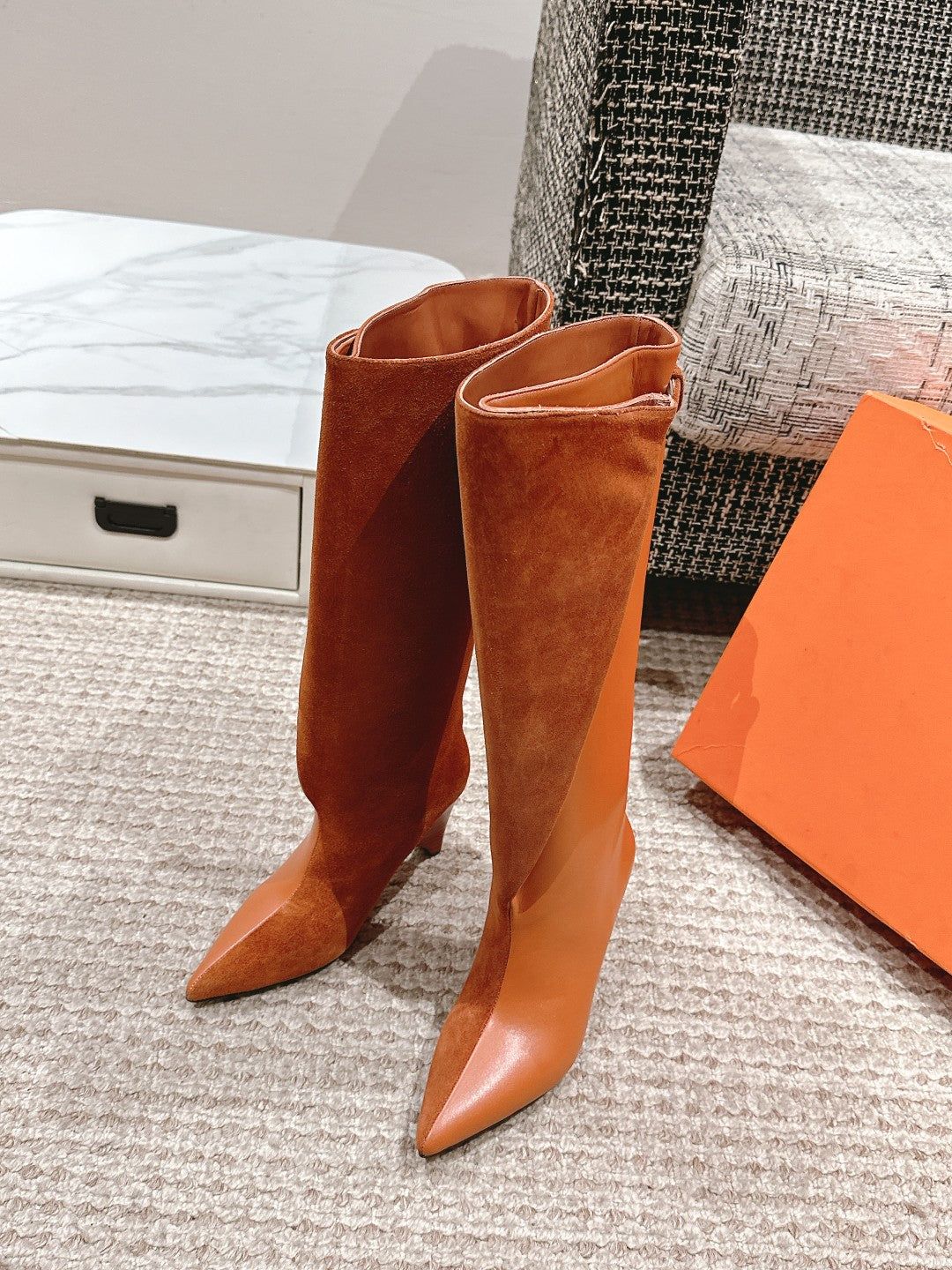 HM High Boots 60mm Brown Orange Calfskin And Suede 972384