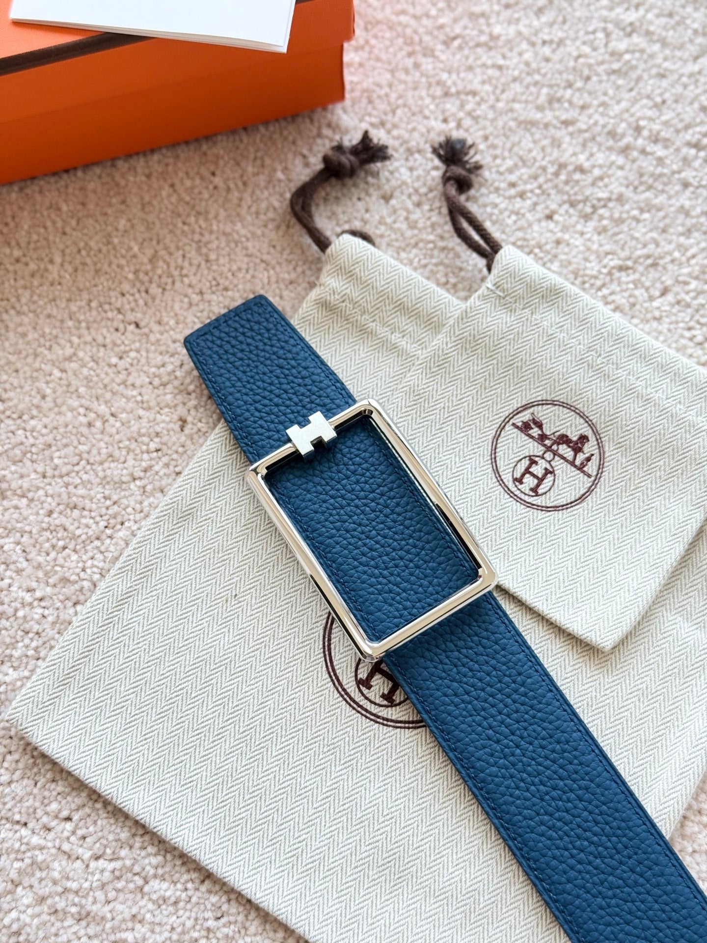 HM Silver Tube H Buckle Belt 38mm Prussian blue Black Leather 187523