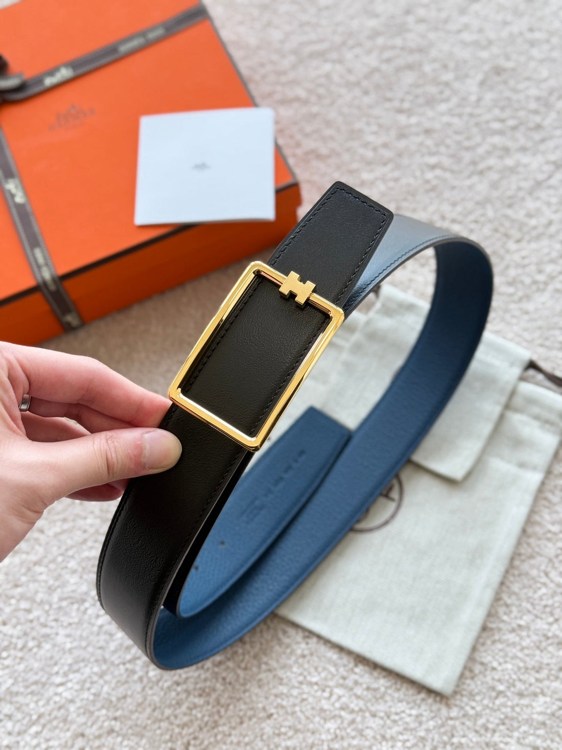 HM Gold Tube H Buckle Belt 38mm Prussian blue Black Leather 187522