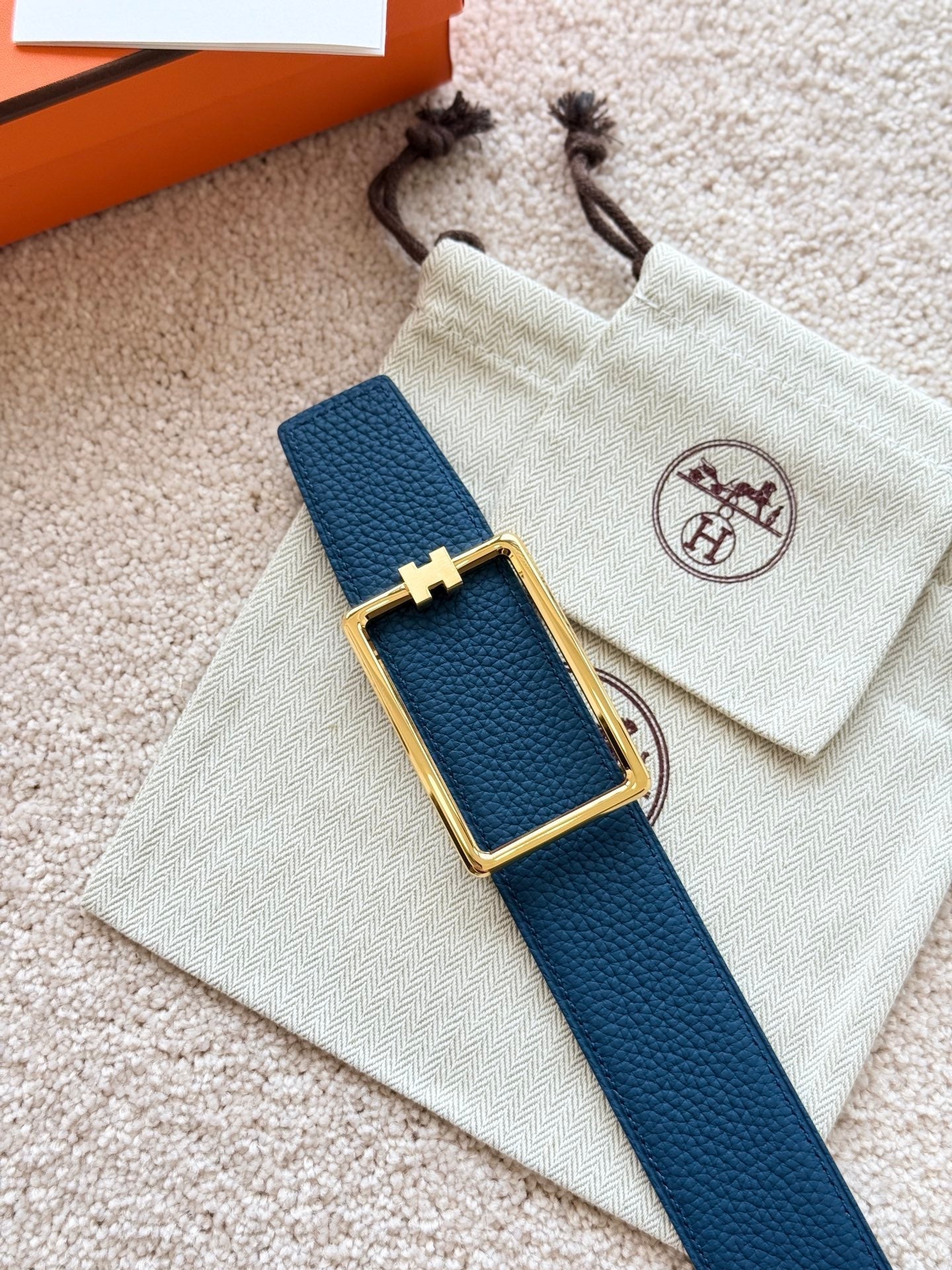 HM Gold Tube H Buckle Belt 38mm Prussian blue Black Leather 187522