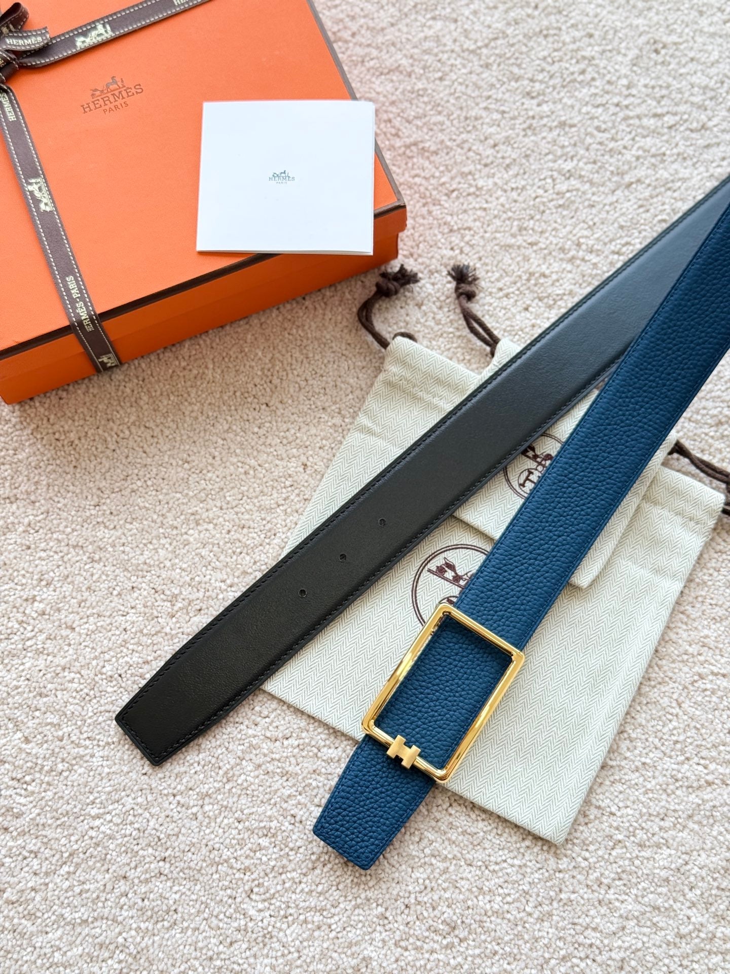 HM Gold Tube H Buckle Belt 38mm Prussian blue Black Leather 187522