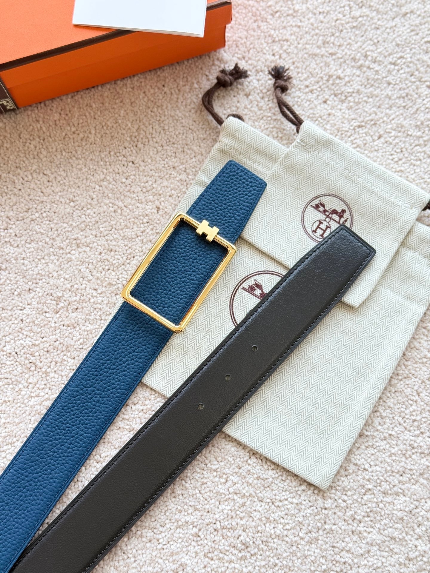 HM Gold Tube H Buckle Belt 38mm Prussian blue Black Leather 187522