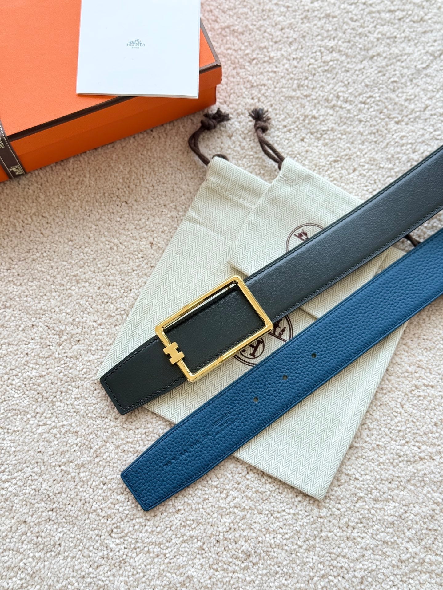 HM Gold Tube H Buckle Belt 38mm Prussian blue Black Leather 187522