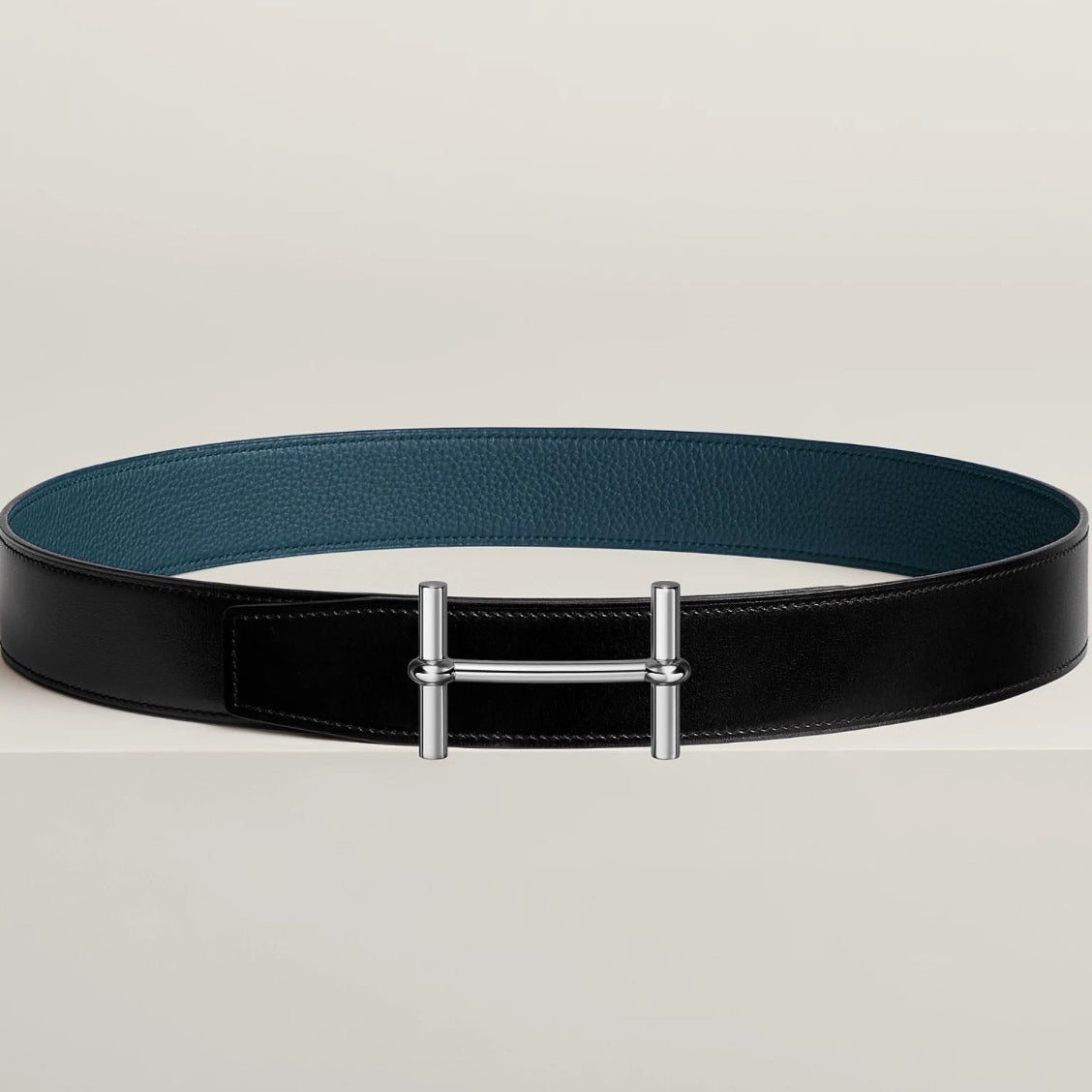 HM H D'Ancre Buckle Belt 38mm Prussian blue Black Leather 187519