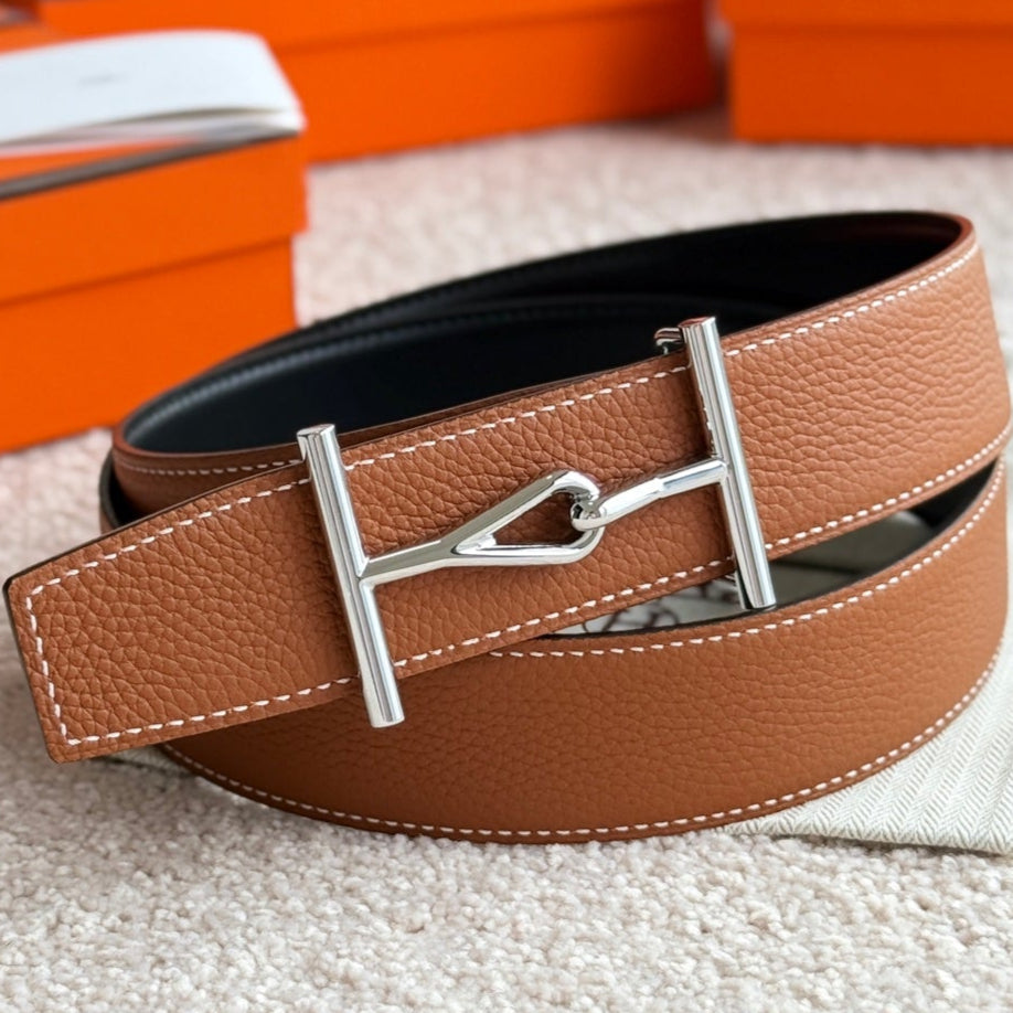 HM Jumbo Buckle Belt 38mm Brown Black Leather 187559