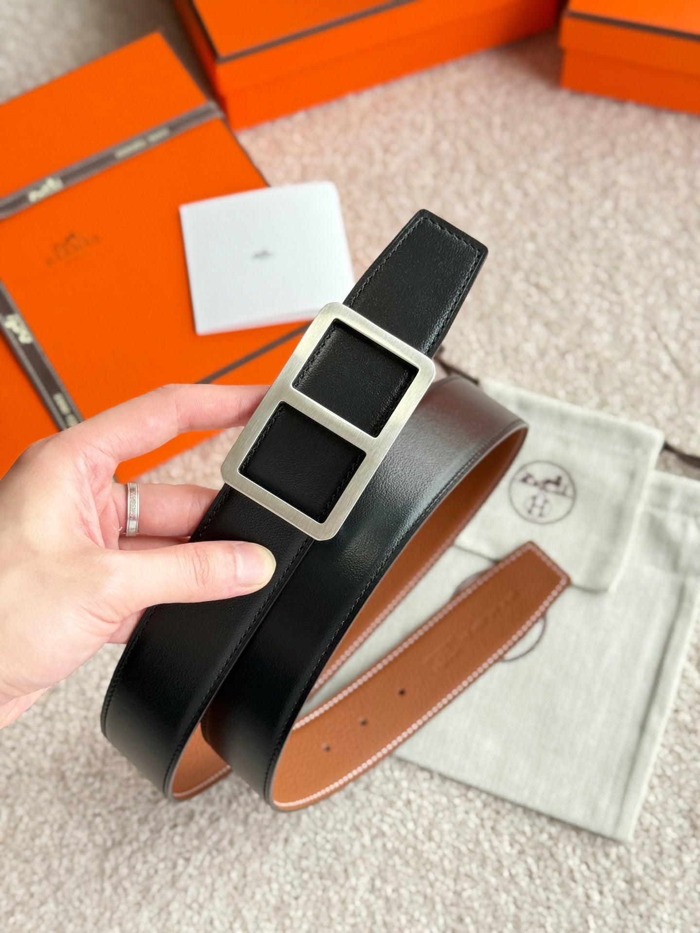 HM Silver Buckle Belt 38mm Brown Black Leather 187556