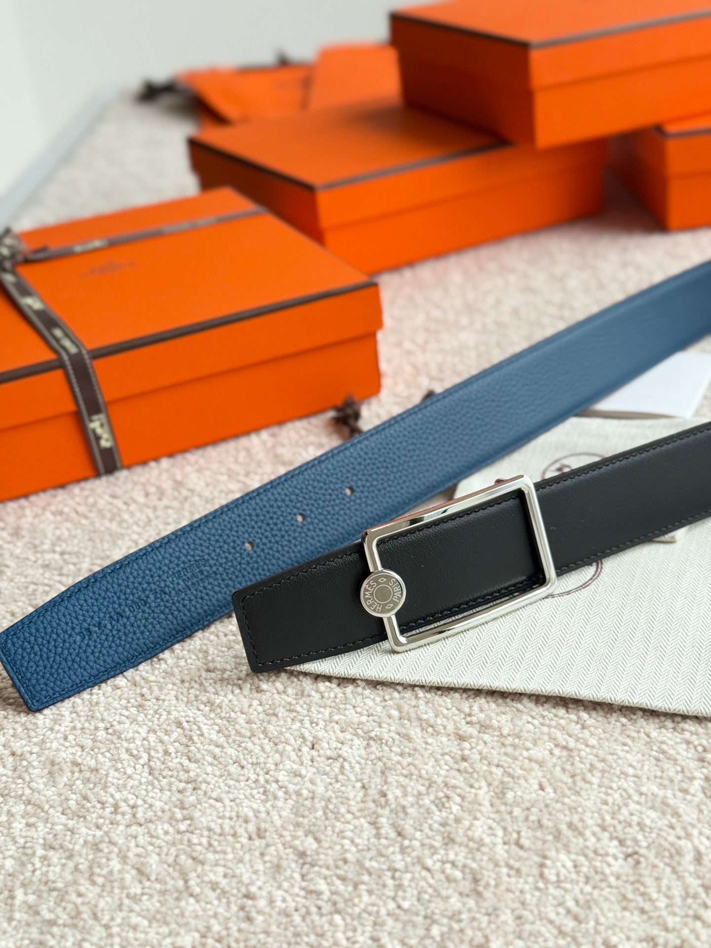 HM Silver Oscar Buckle Belt 38mm Prussian Blue Leather 187786