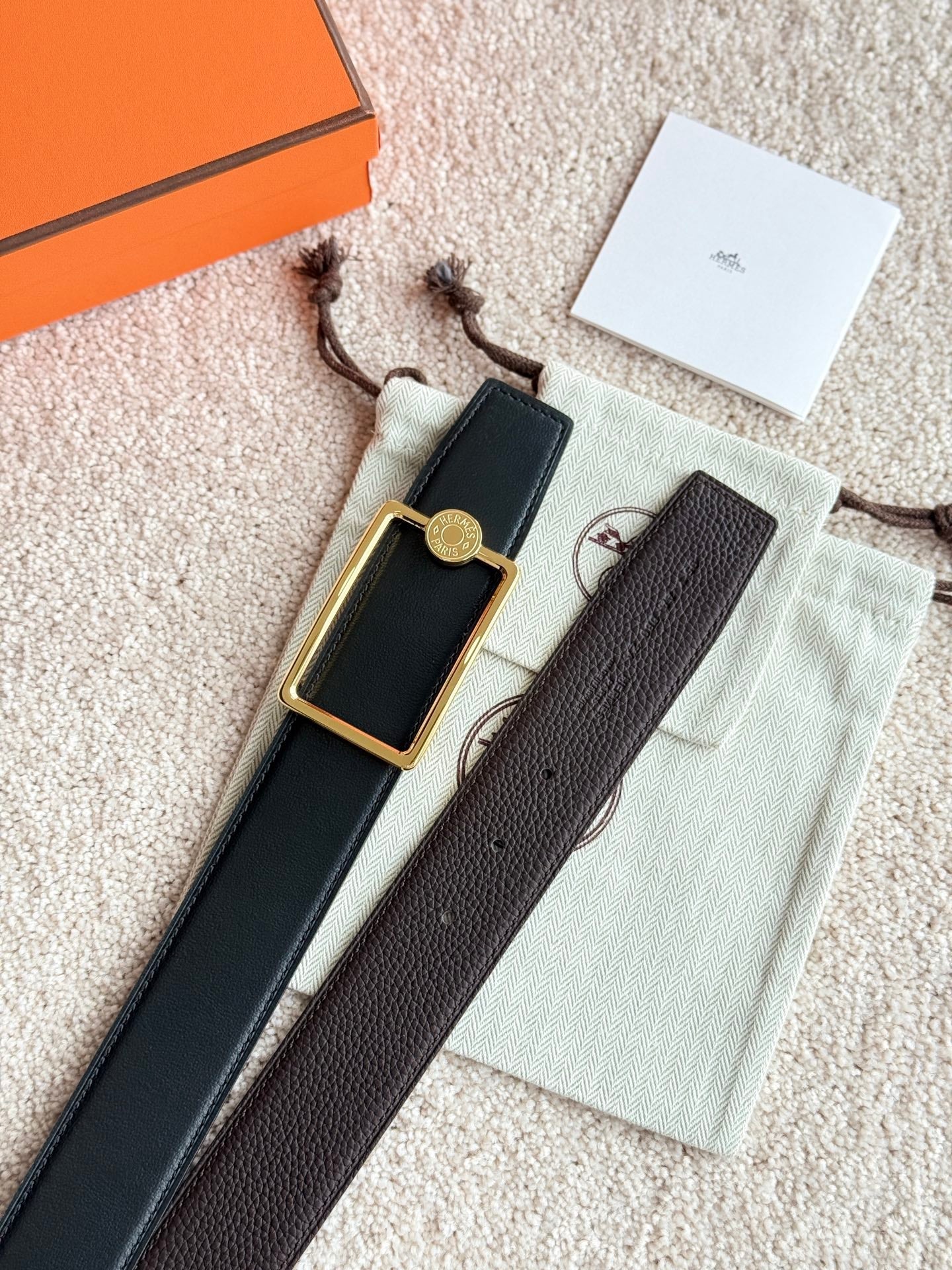 HM Gold Oscar Buckle Belt 38mm Black Chocolate Leather 187785