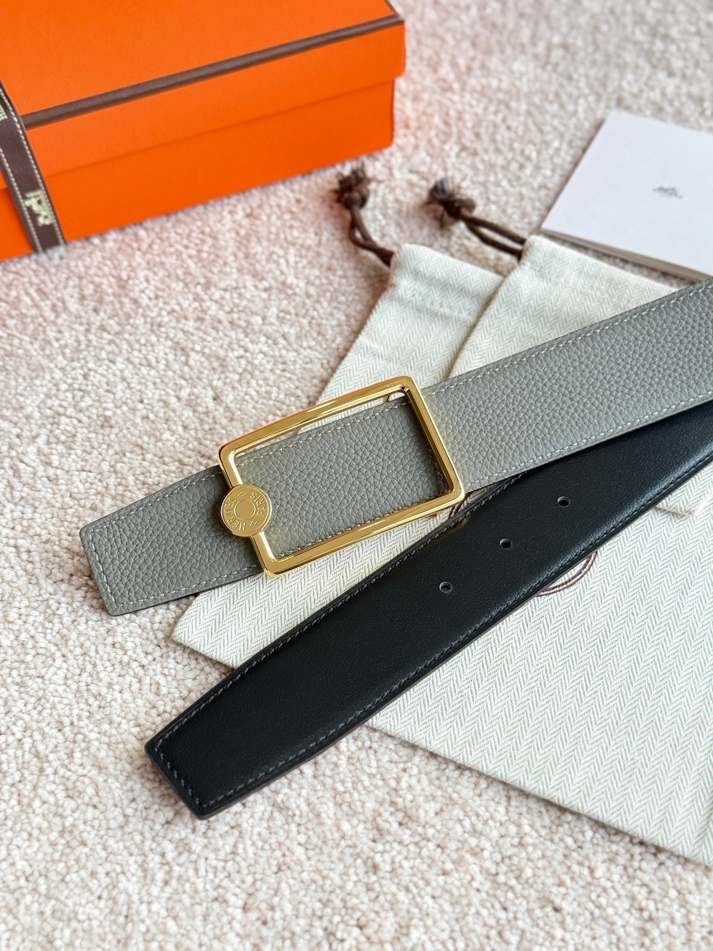 HM Gold Oscar Buckle Belt 38mm Meyer gray Leather 187783