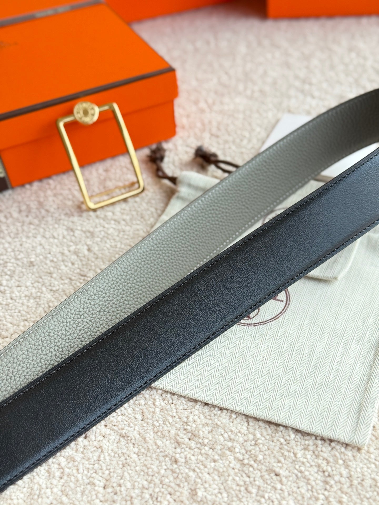 HM Gold Oscar Buckle Belt 38mm Meyer gray Leather 187783