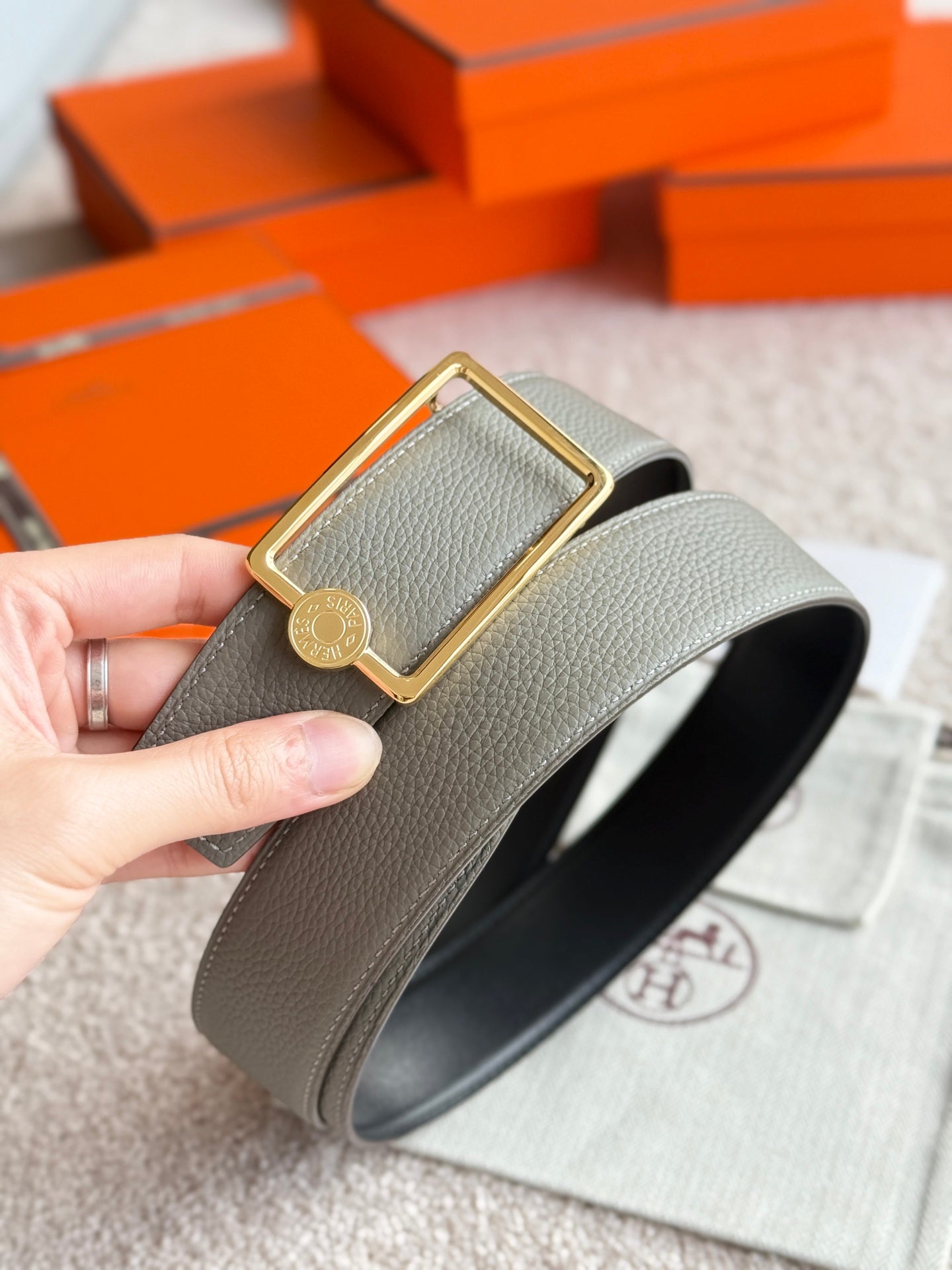 HM Gold Oscar Buckle Belt 38mm Meyer gray Leather 187783