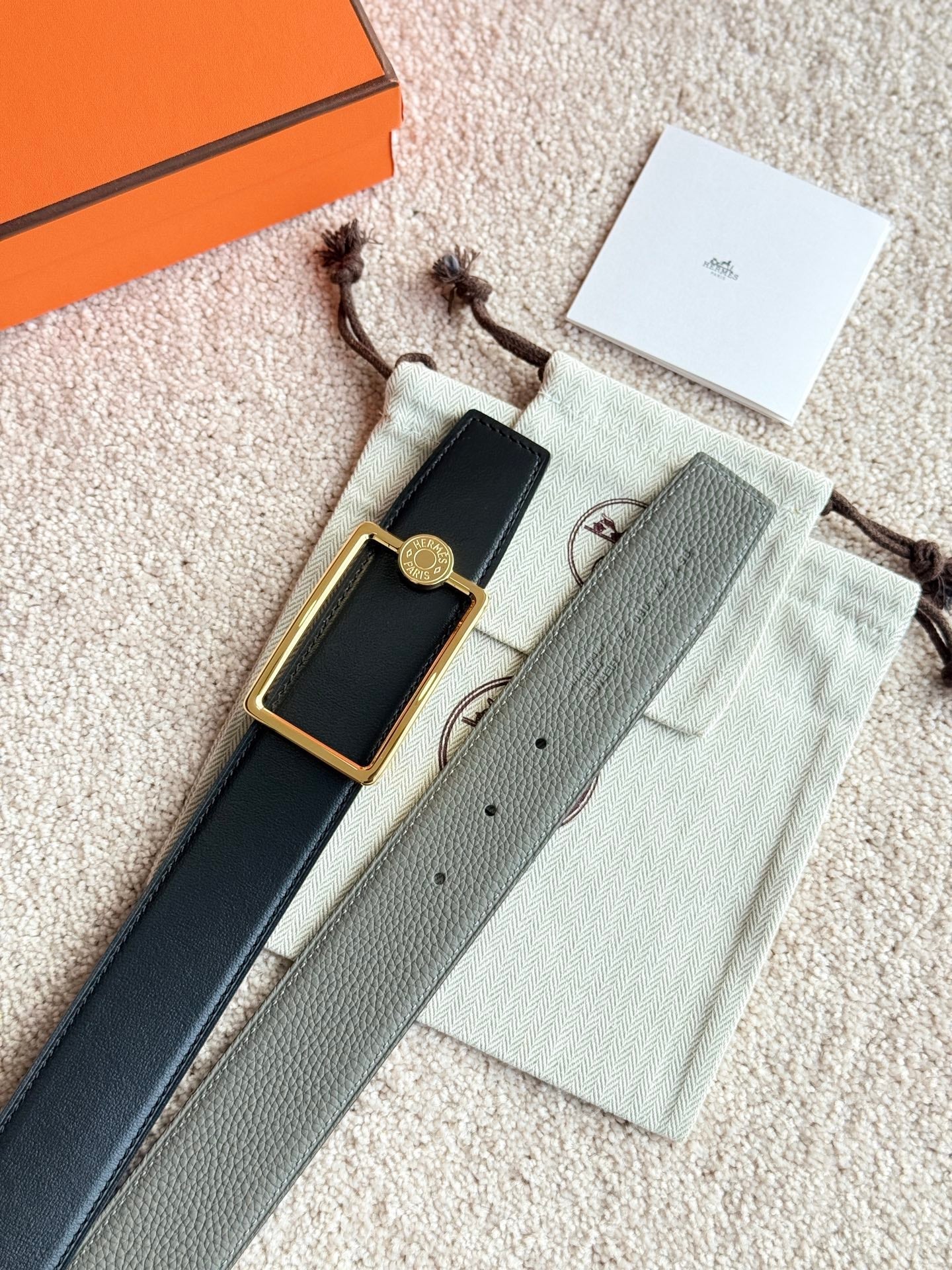 HM Gold Oscar Buckle Belt 38mm Meyer gray Leather 187783