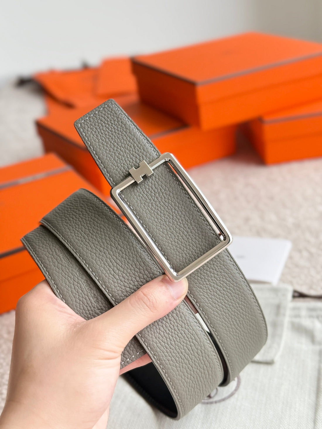 HM Silver Tube H Buckle Belt 38mm Meyer gray Leather 187782
