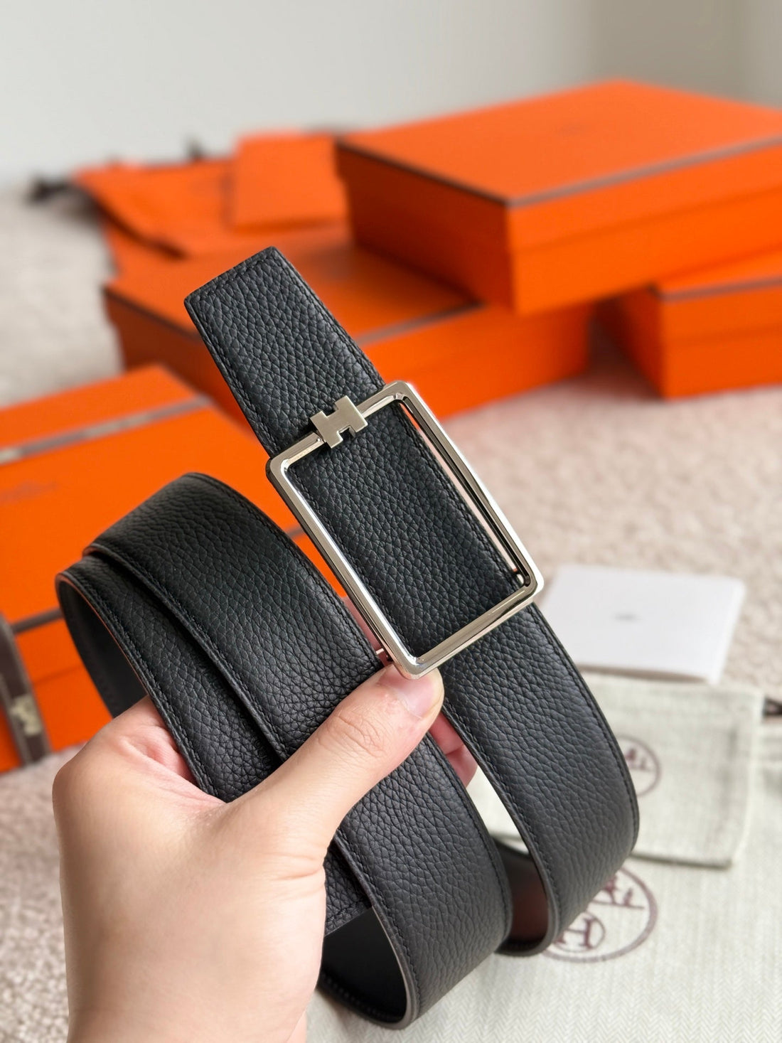 HM Silver Tube H Buckle Belt 38mm Black Leather 187780