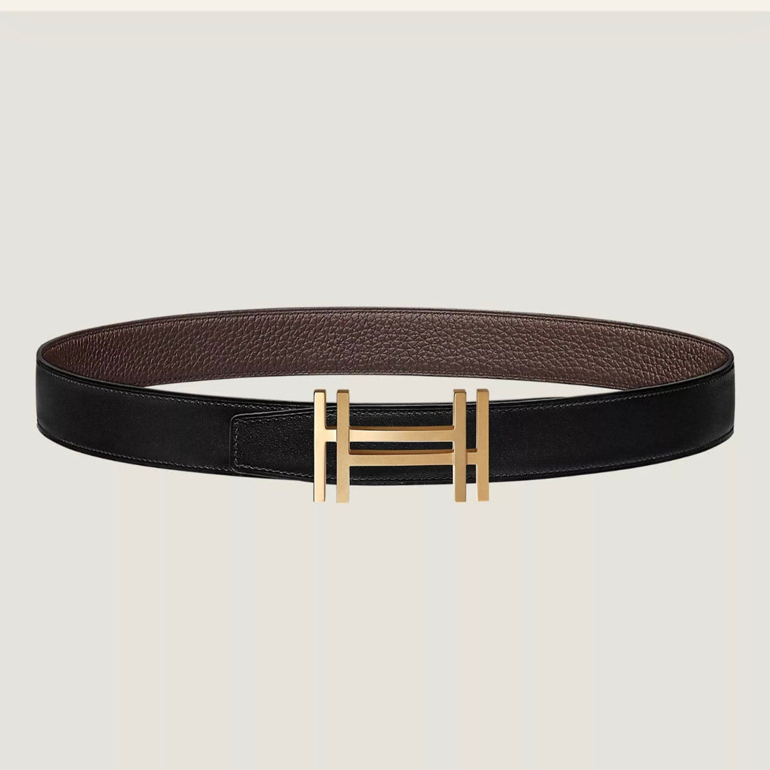 HM H au Carre Buckle Belt 32mm Black Chocolate Leather 187769