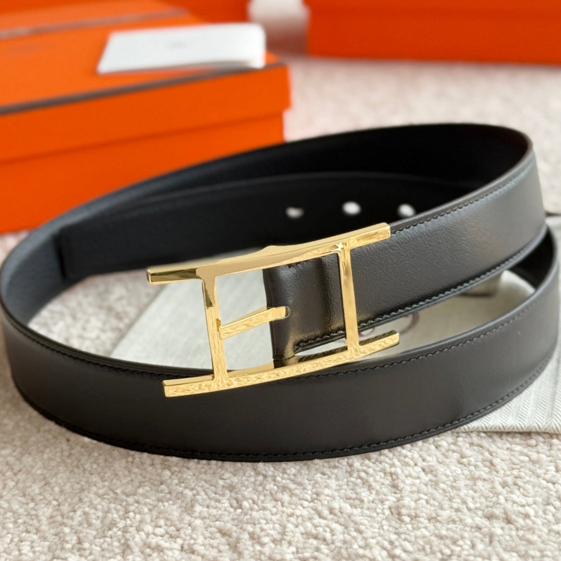 HM Gold Quentin Reversible 32mm Belt Black Leather 188087
