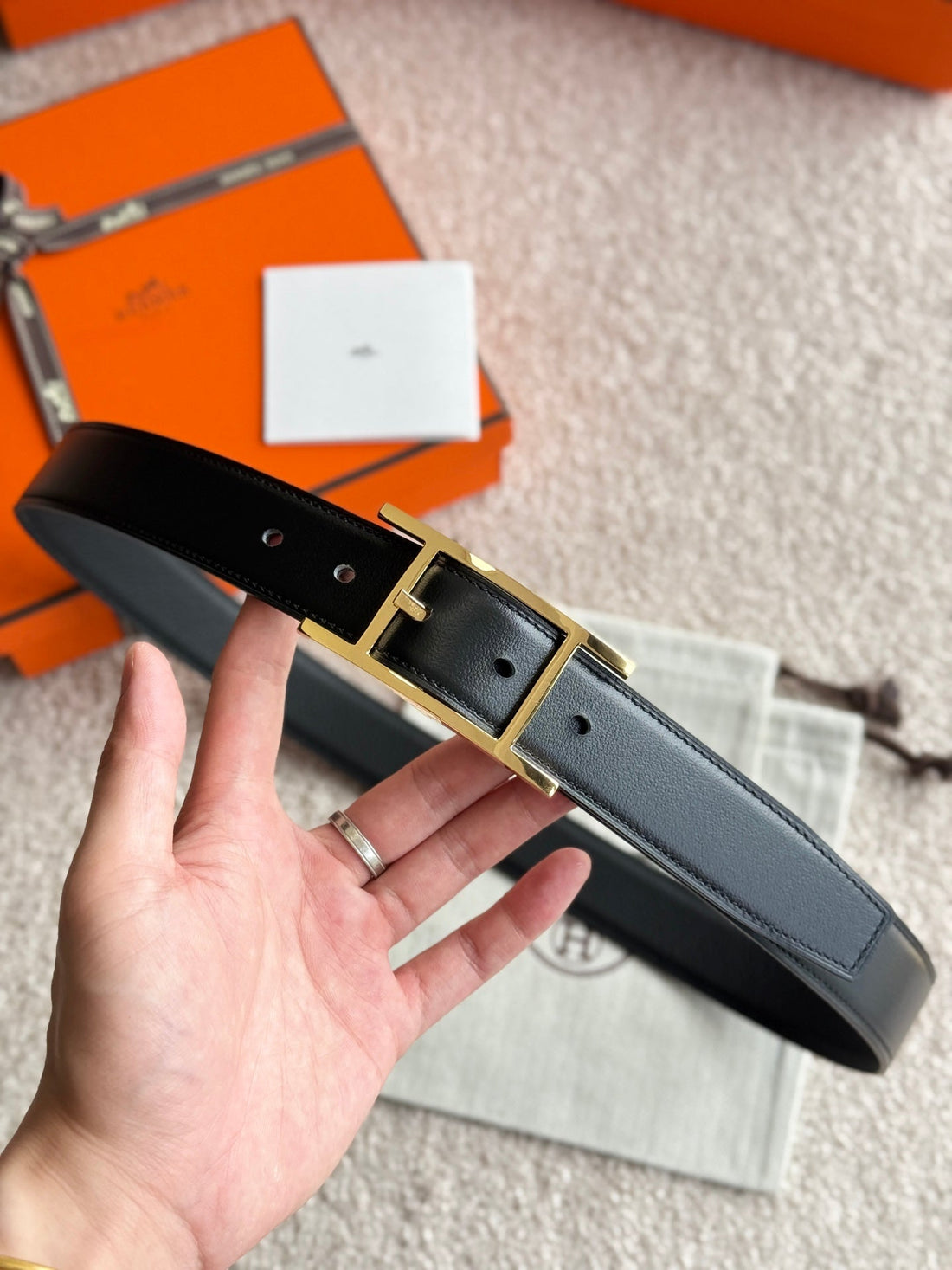 HM Gold Quentin Reversible 32mm Belt Black Leather 188087