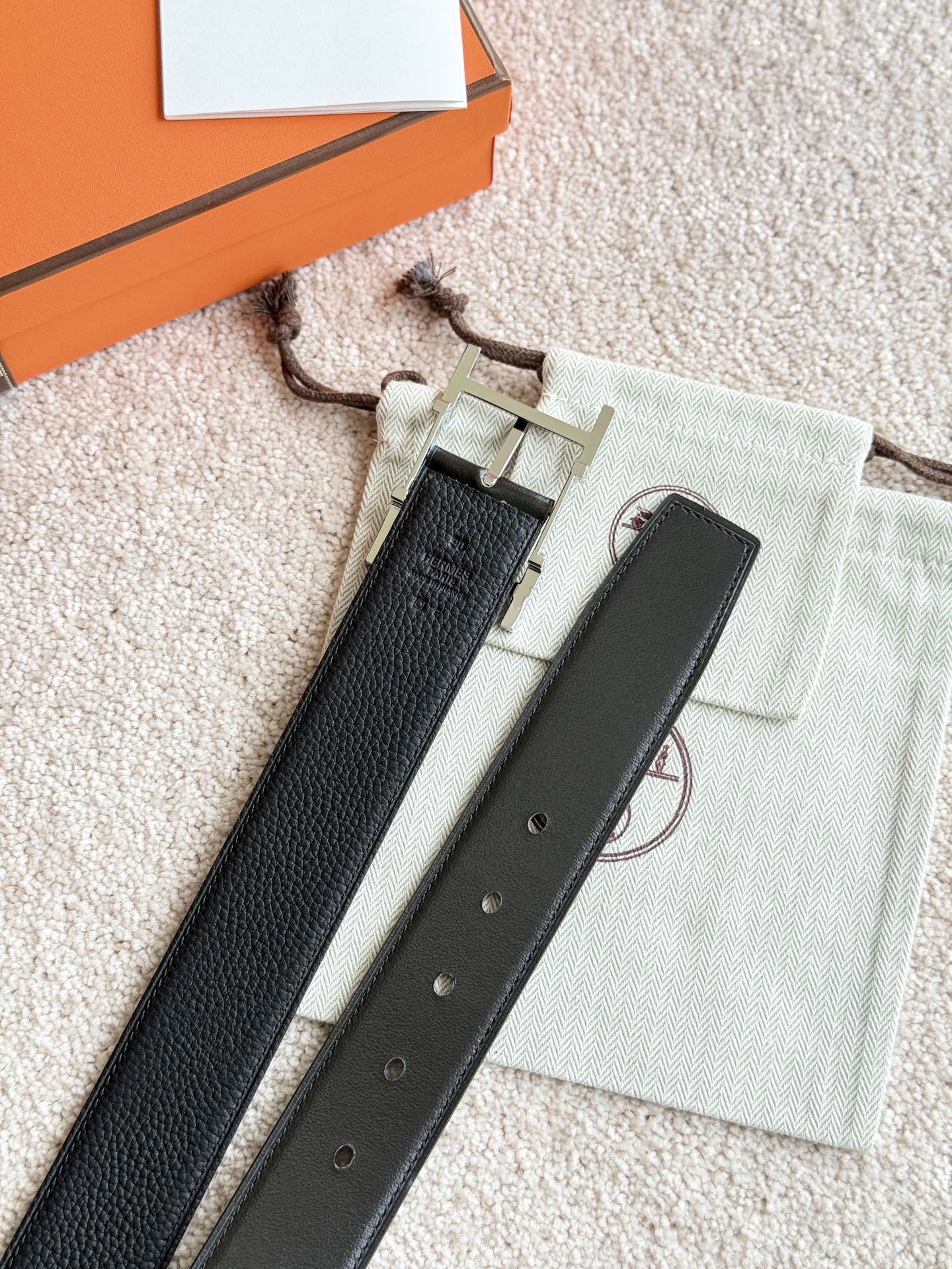 HM Silver Hadrien Reversible 38mm Belt Black Leather 188082