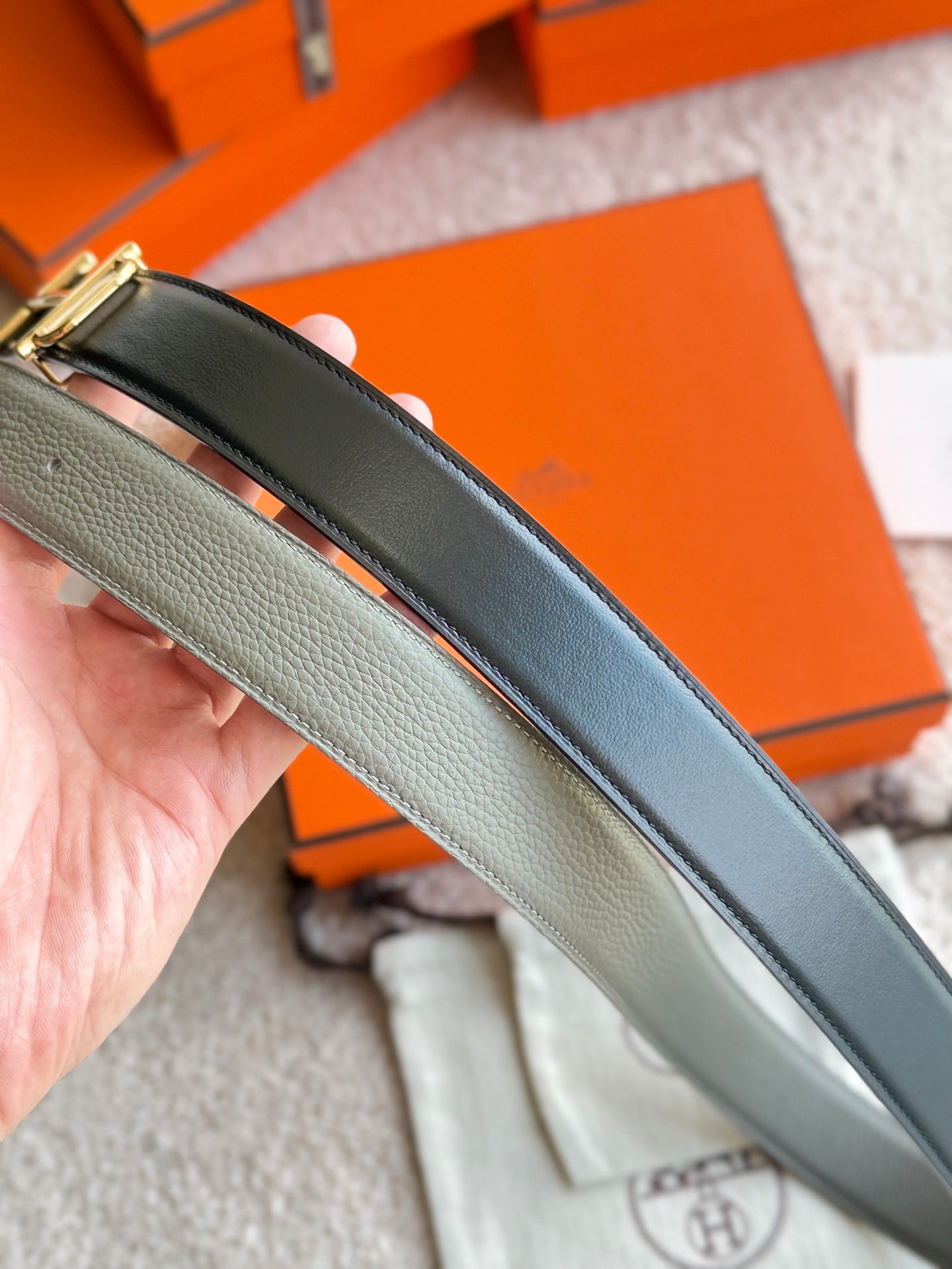 HM Gold Buckle 32mm Royal Belt Gray Brown Leather 188423