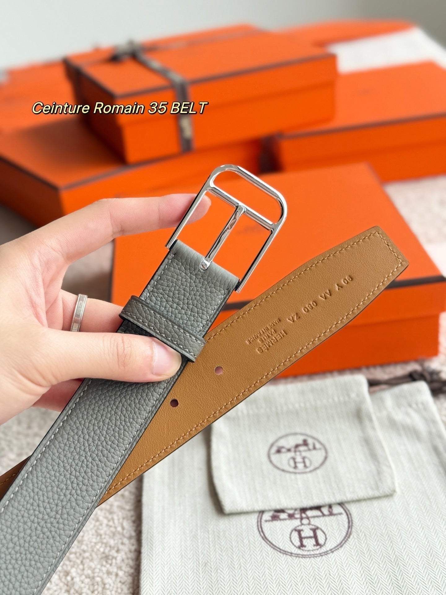 HM Silver 35mm Romain Belt Meyer Gray Leather 188402