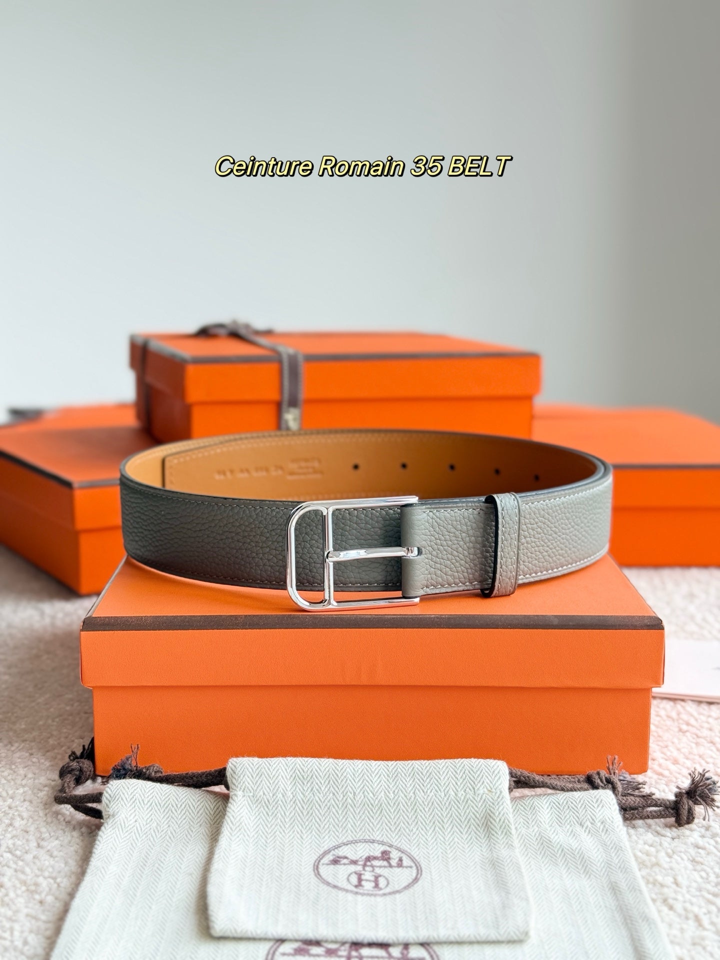 HM Silver 35mm Romain Belt Meyer Gray Leather 188402