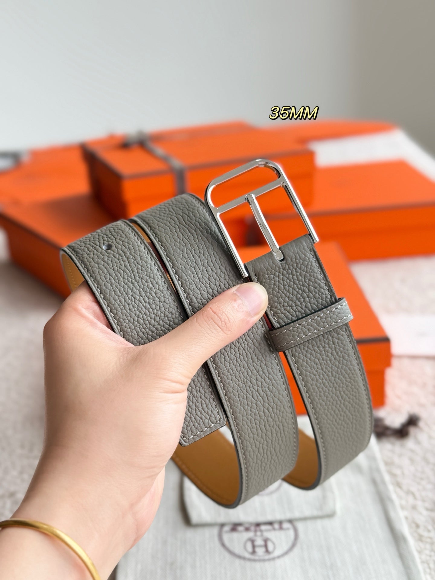 HM Silver 35mm Romain Belt Meyer Gray Leather 188402