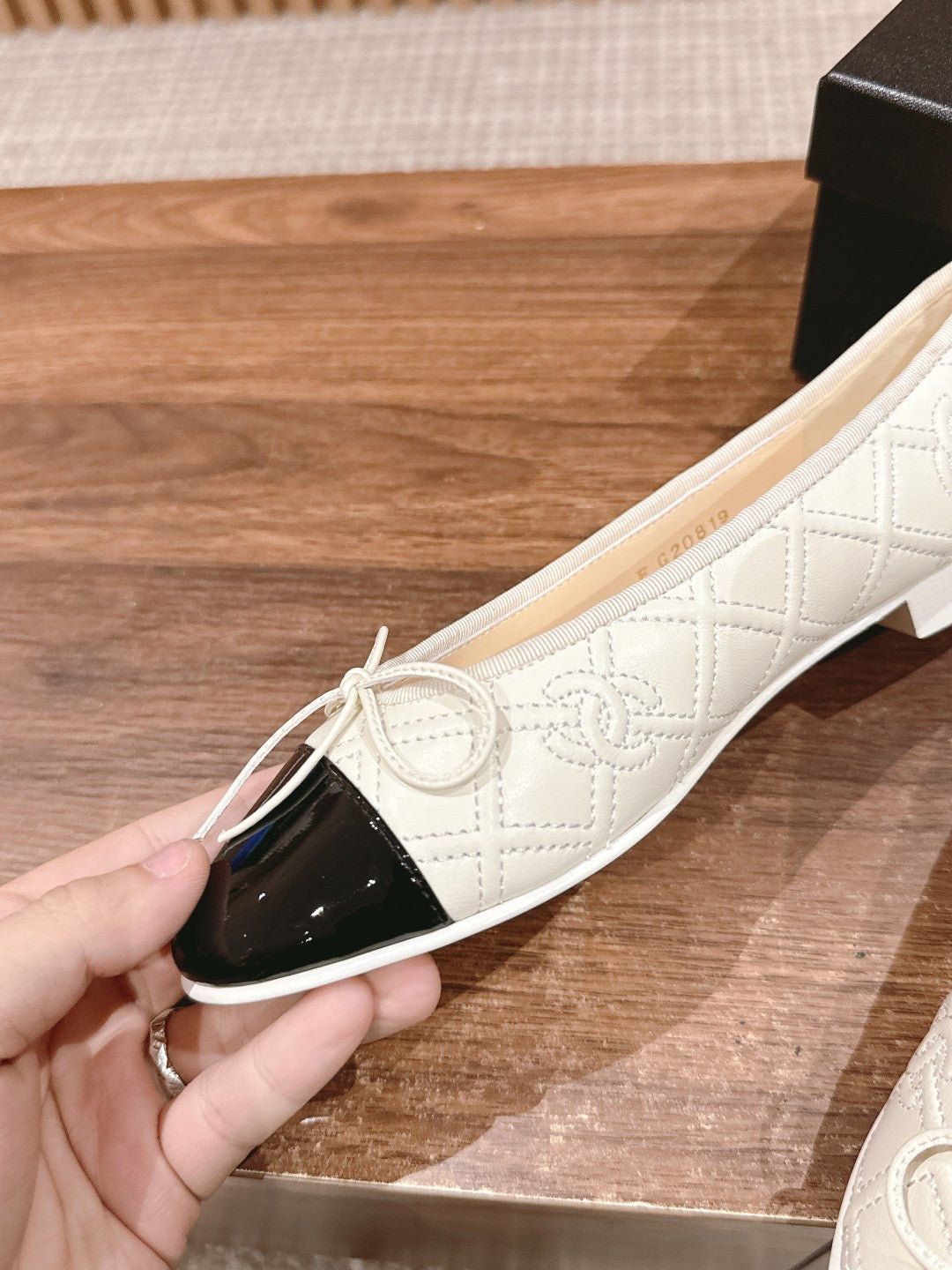 ballet flat cream quilted lambskin black patent calfskin