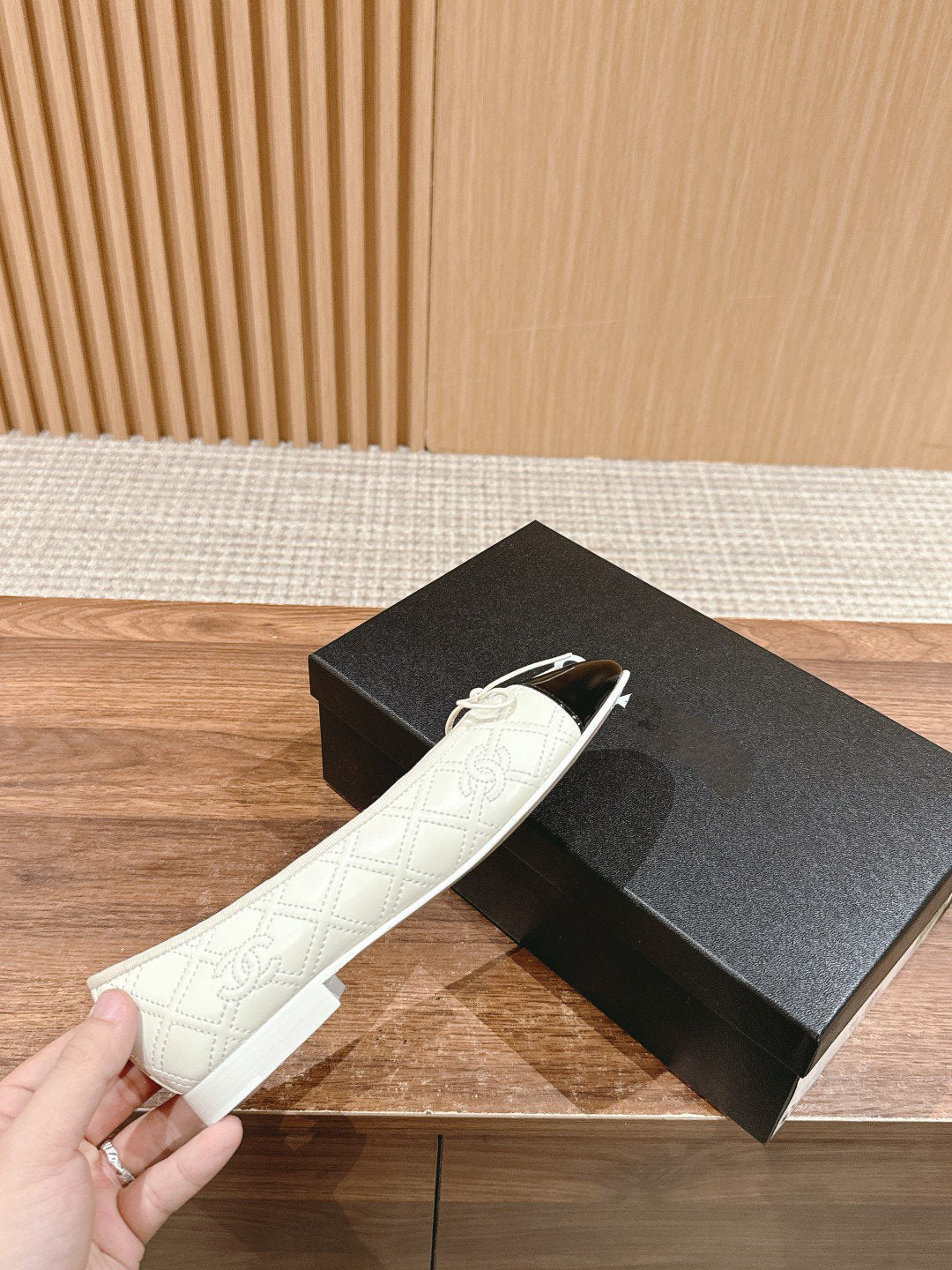 ballet flat cream quilted lambskin black patent calfskin