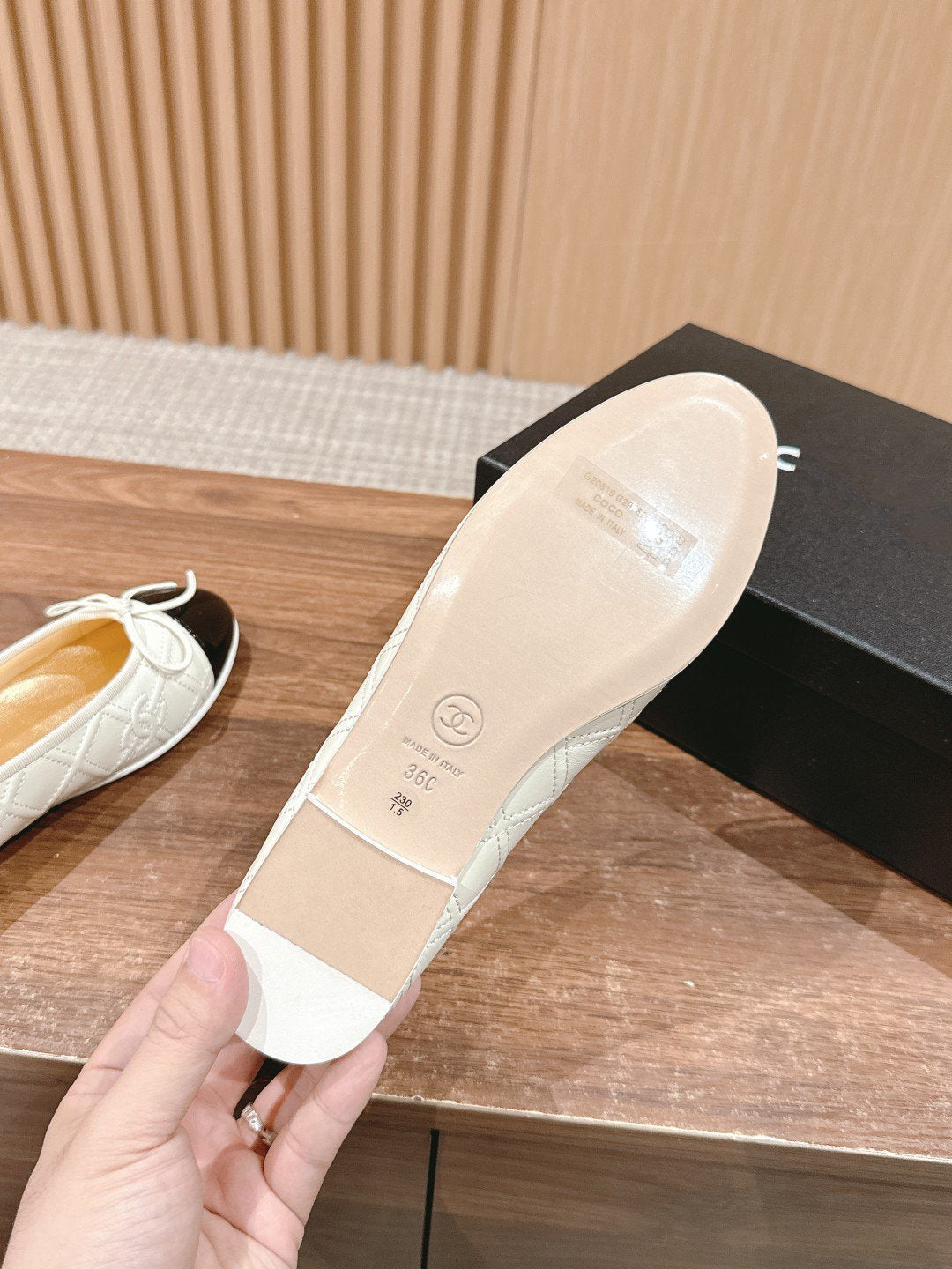 ballet flat cream quilted lambskin black patent calfskin