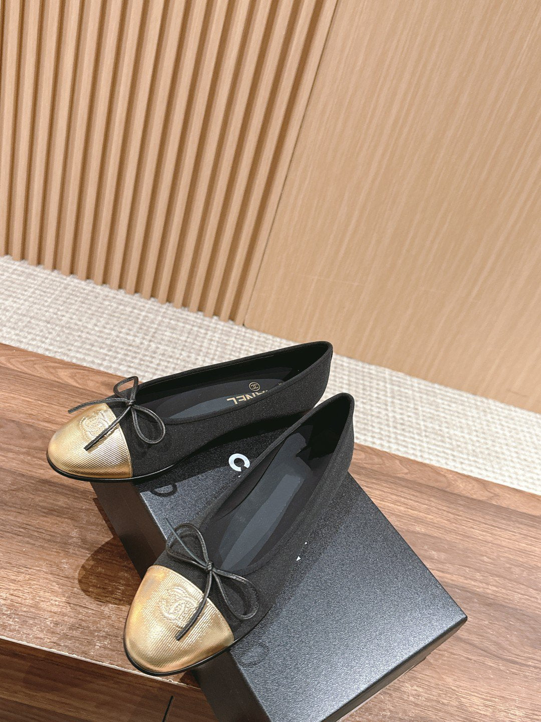 ballet flat black grosgrain gold metalic lambskin