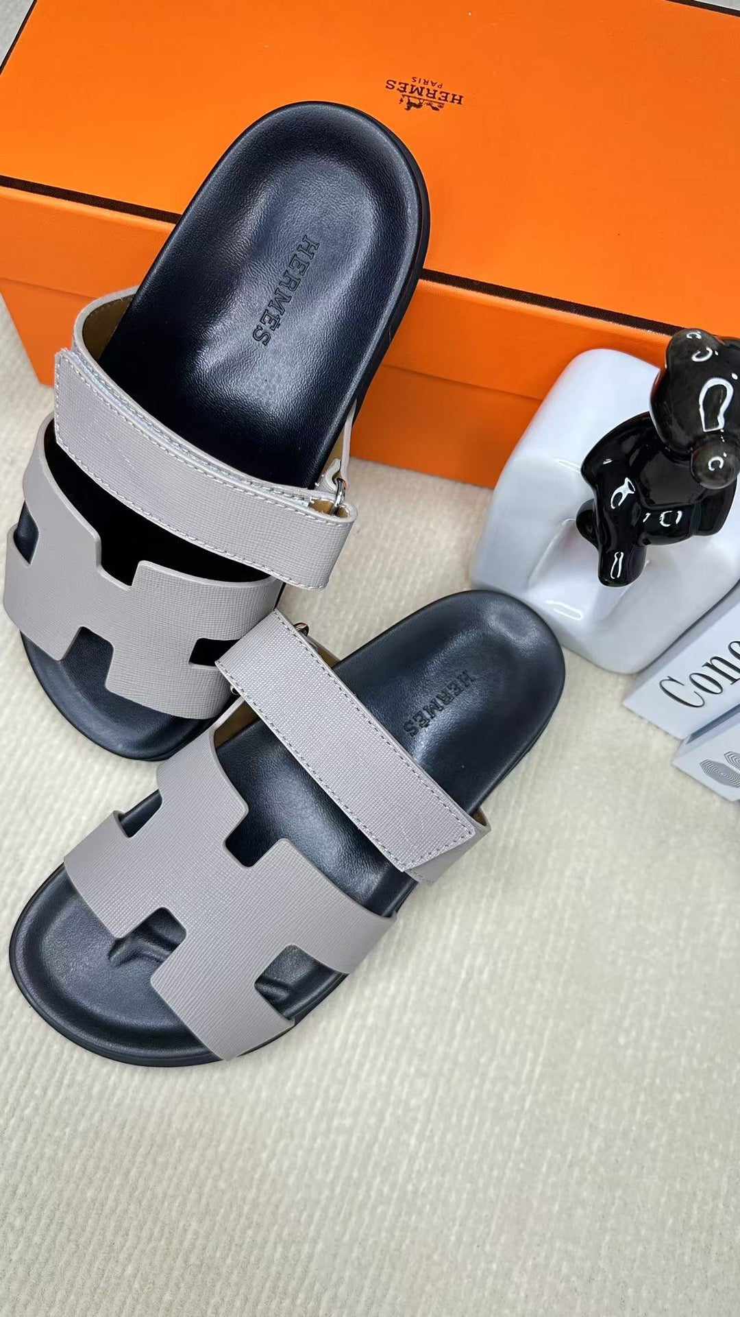 HM Men's Chypre Slide Black Grey Cowhide 540211