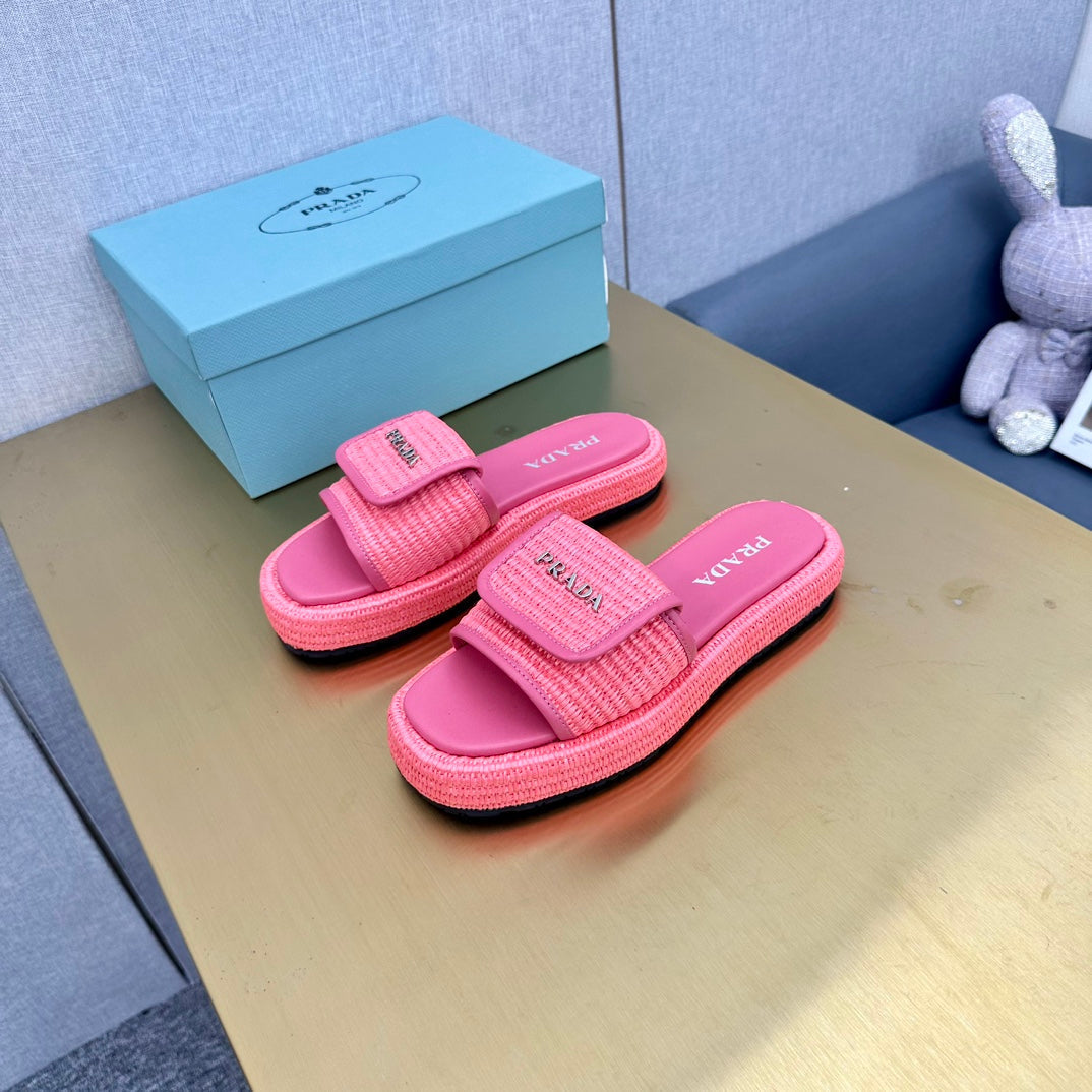 PRA CROCHET SLIDES SLIPPERS HOT PINK RAFFIA